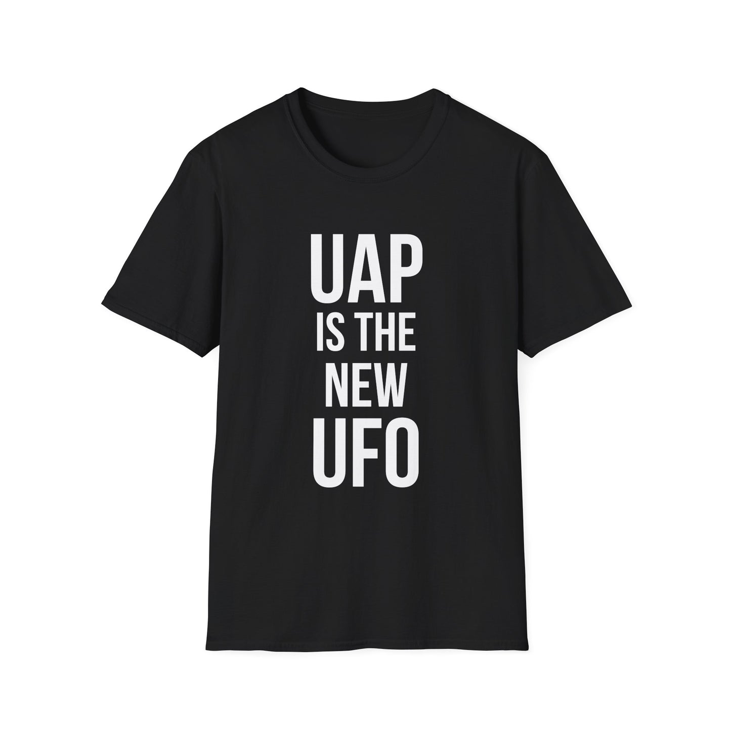 UAP Is the New UFO t-shirt design, featuring bold stacked typography reading “UAP IS THE NEW UFO” in a clean minimalist text based layout on a black background