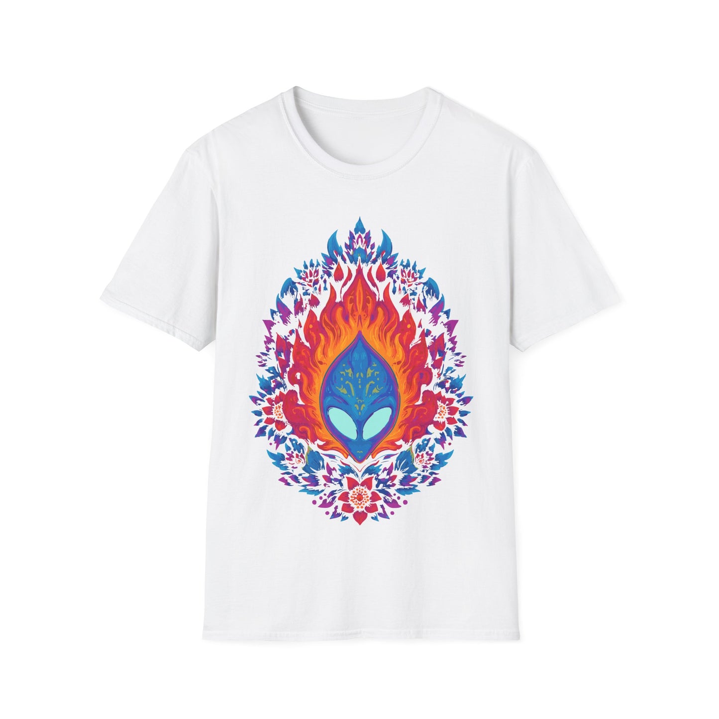Flaming Alien Mask Floral t-shirt design, featuring a blue alien mask surrounded by vivid orange flames and bright pink, purple, and blue floral elements in a symmetrical psychedelic illustration on a white background