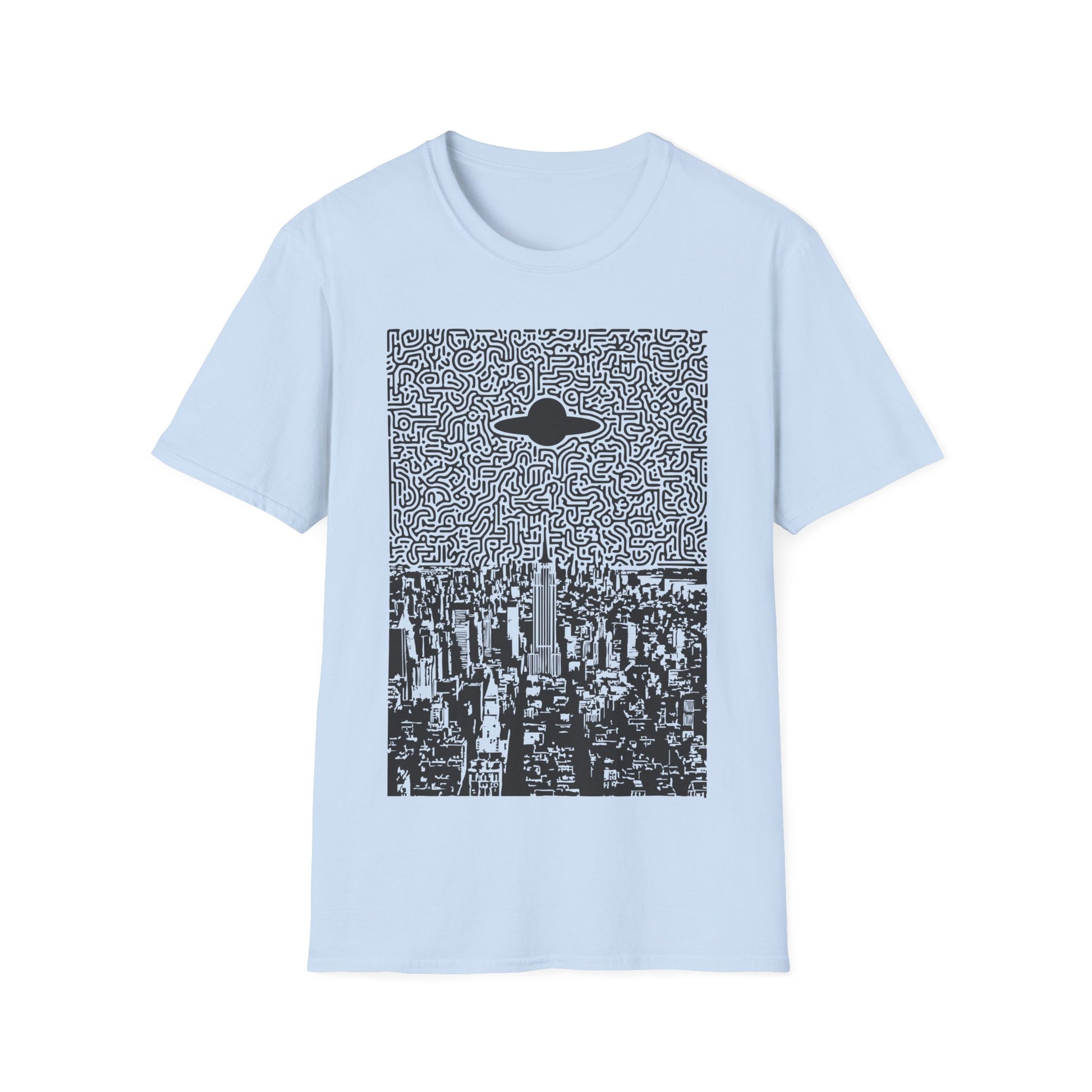 UFO over New York t-shirt design with flying saucer hovering above New York City skyline and abstract maze-pattern night sky on light blue t-shirt