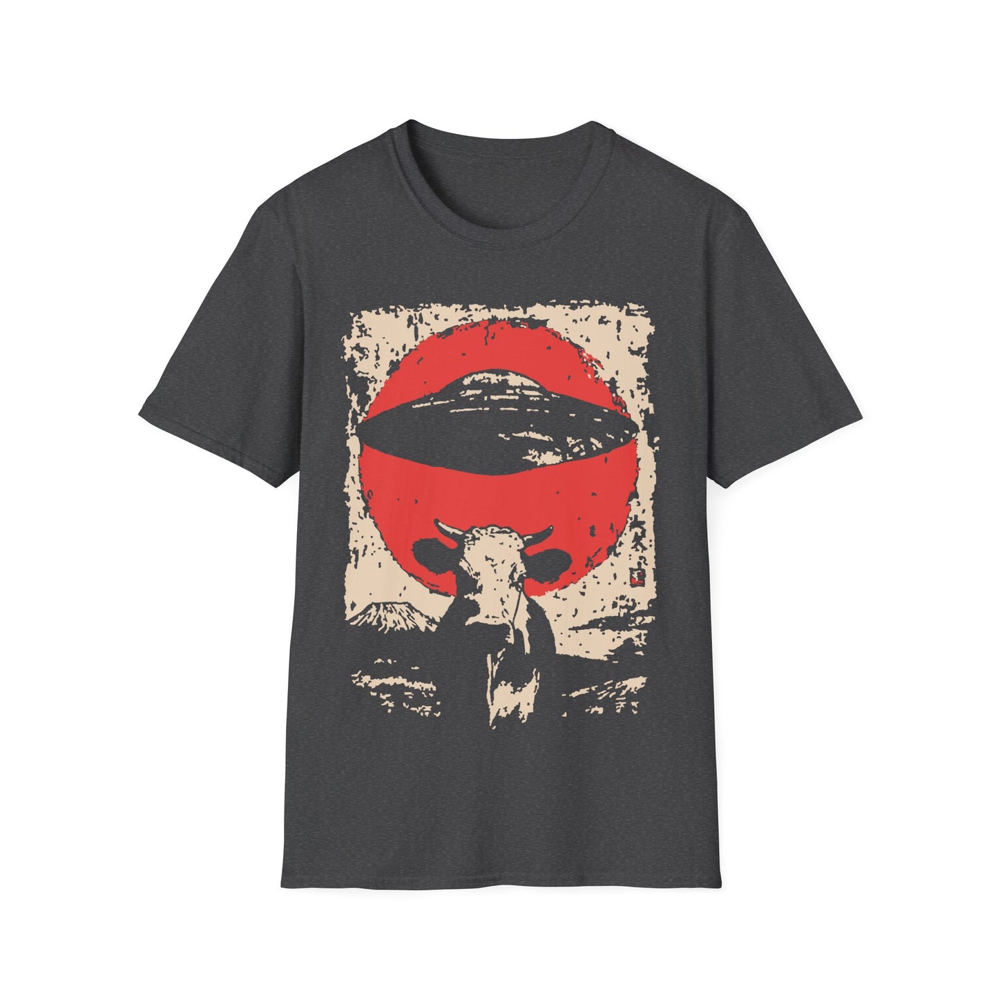 UFO Cow Abduction Red Sun t-shirt design, featuring a longhorn cow silhouette beneath a hovering flying saucer and oversized red sun in a distressed vintage sci-fi illustration on a dark grey background