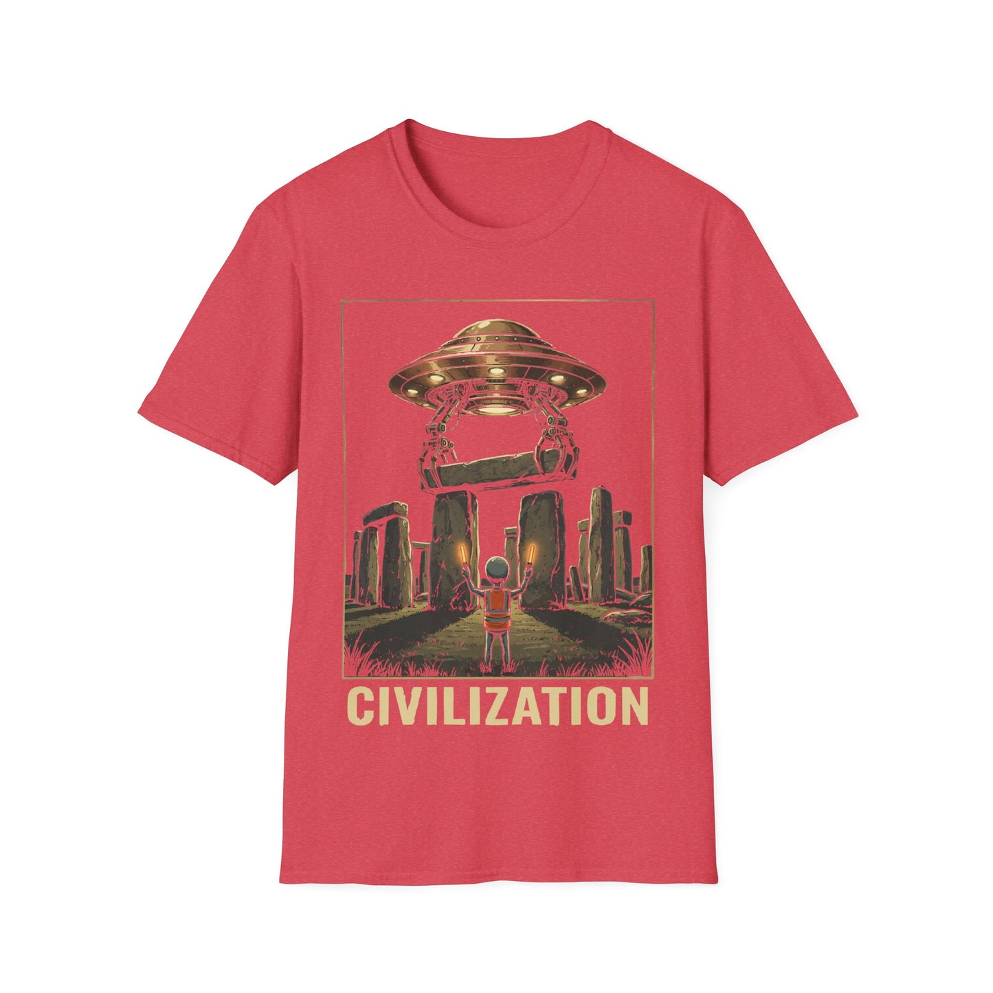 Stonehenge Construction t-shirt design, featuring a small alien overseeing a hovering UFO lifting a stone lintel into place above Stonehenge in a retro sci-fi illustration including word 'Civilization' on a heather red background