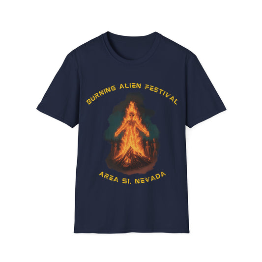 Burning Alien Festival t-shirt design with alien-shaped bonfire surrounded by aliens at Area 51 Nevada on navy blue t-shirt