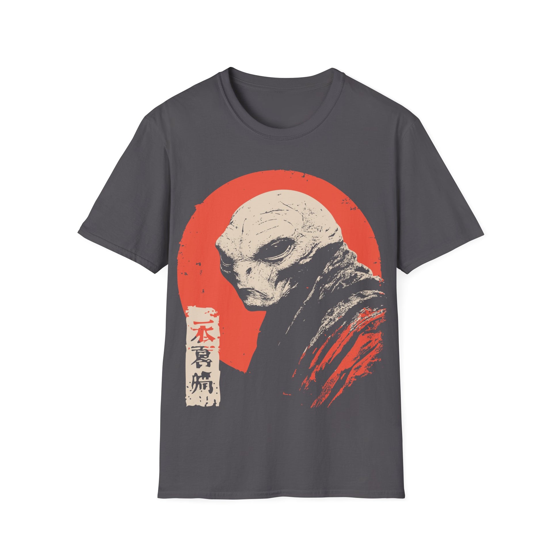 Alien Red Sun Portrait t-shirt design, featuring a pale side profile alien figure in a distressed woodblock style illustration with Japanese inspired seal details against a muted red sun on a charcoal grey background