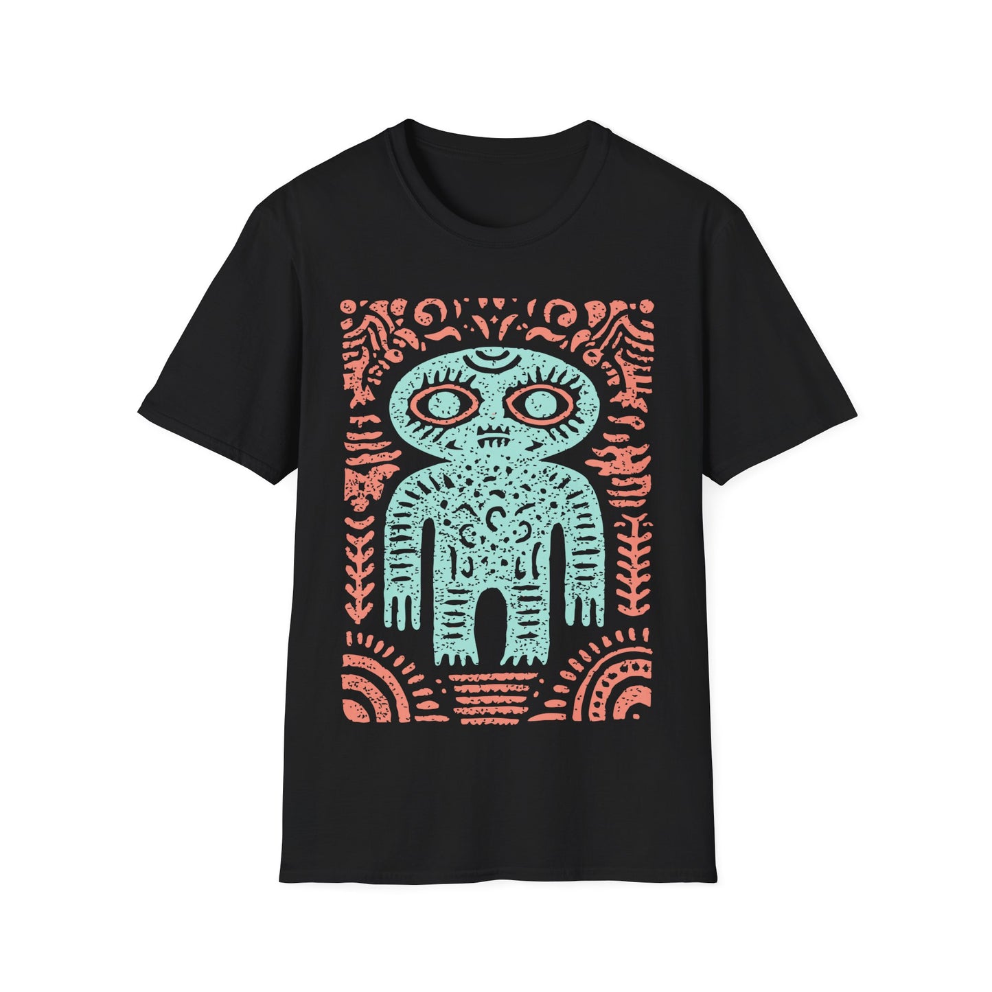 Ancient alien glyph t-shirt design with turquoise Inca-style alien figure and coral tribal patterns on black t-shirt