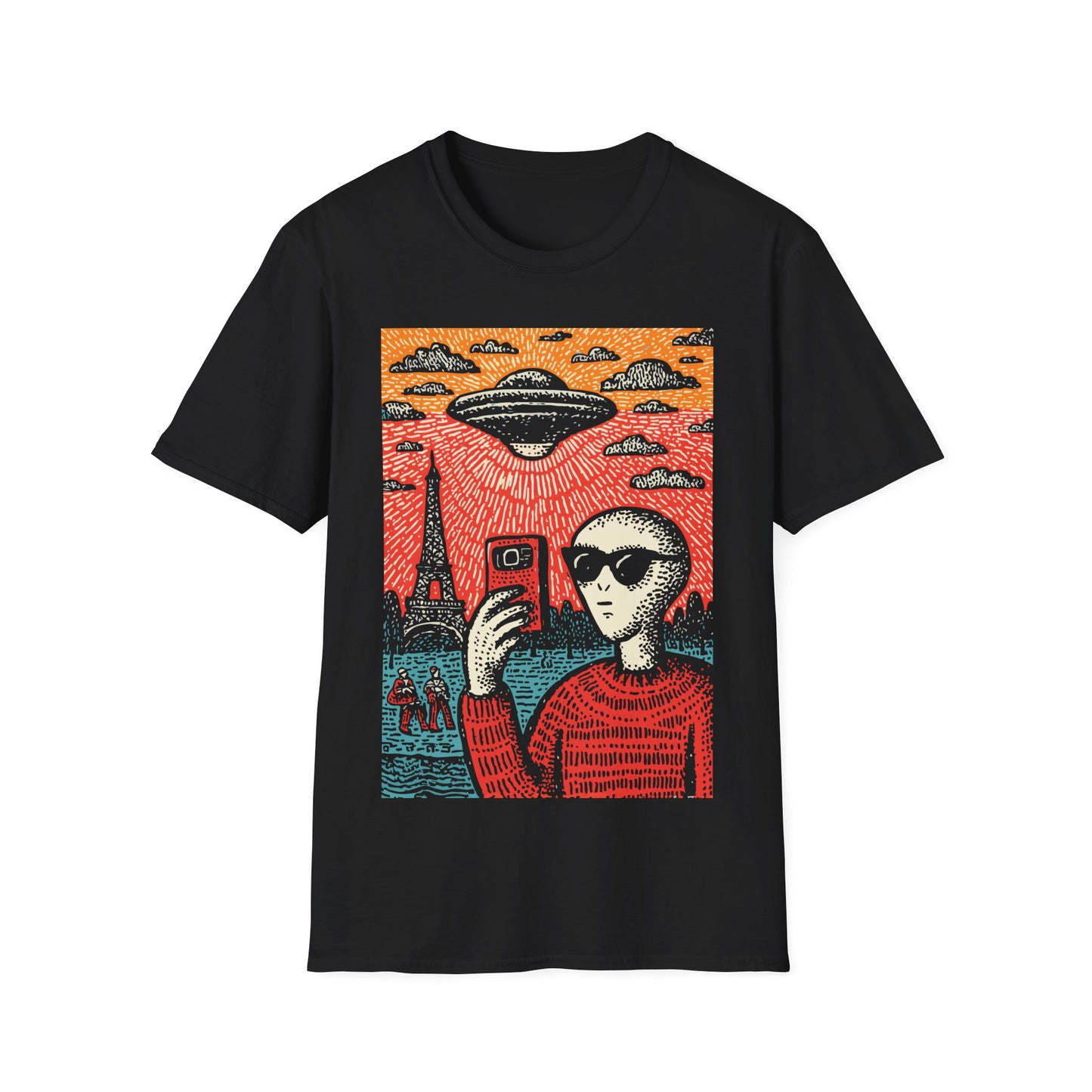 Alien Invasion Selfie Linocut t-shirt design, featuring a sunglasses wearing alien taking a selfie beneath a hovering UFO near the Eiffel Tower in a bold red, blue, and cream linocut style illustration on a black background