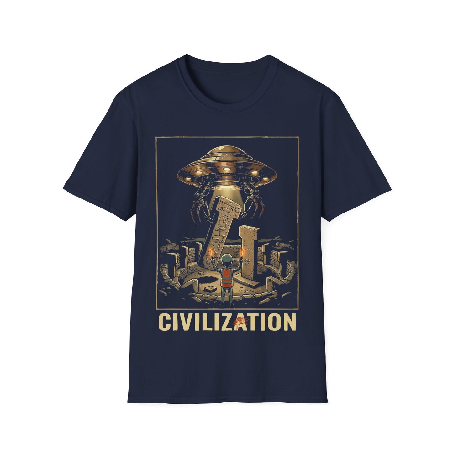 Gobeklitepe Construction t-shirt design, featuring a small alien overseeing a hovering UFO lifting carved stone pillars above an ancient circular site including word 'Civilization' in a retro sci-fi illustration on a navy blue background