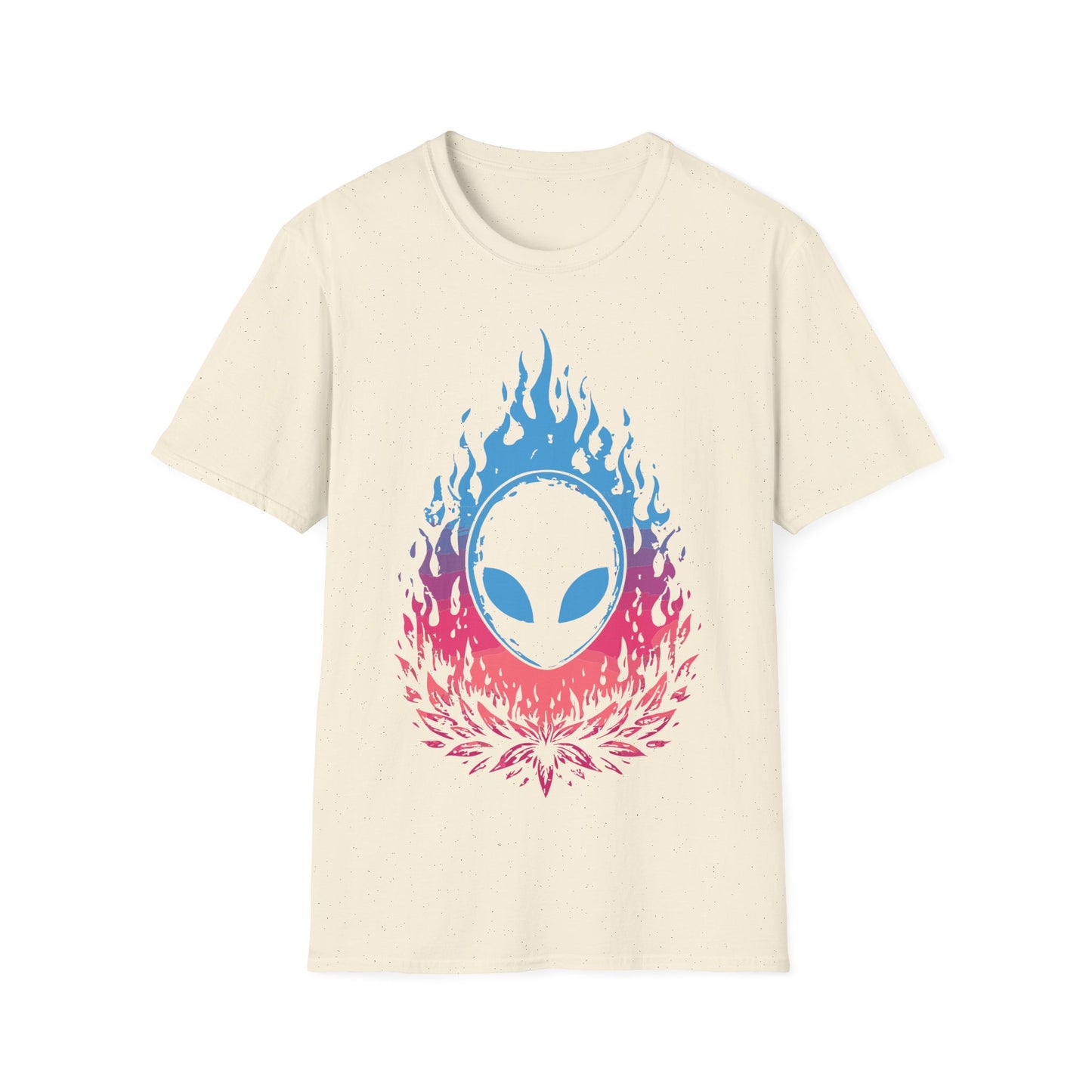Alien Flame Flower t-shirt design, featuring a black alien face with glowing blue eyes rising from blue to pink flames above a stylized pink floral burst on a white background