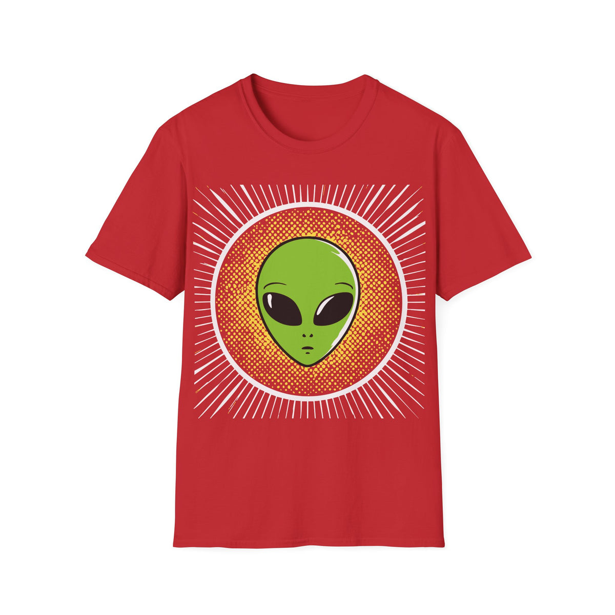 Retro Alien t-shirt design, featuring a bright green alien head with oversized black eyes surrounded by yellow halftone dots and radiating white lines in a bold vintage pop art style on a red background