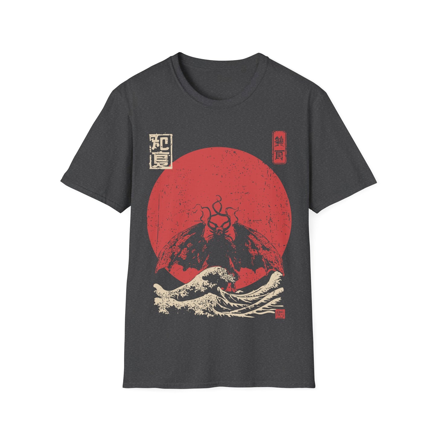 Mothman Red Sun t-shirt design, featuring a shadowy winged Mothman with glowing eyes rising above crashing waves against a distressed red sun in a vintage Japanese inspired illustration on a grey background