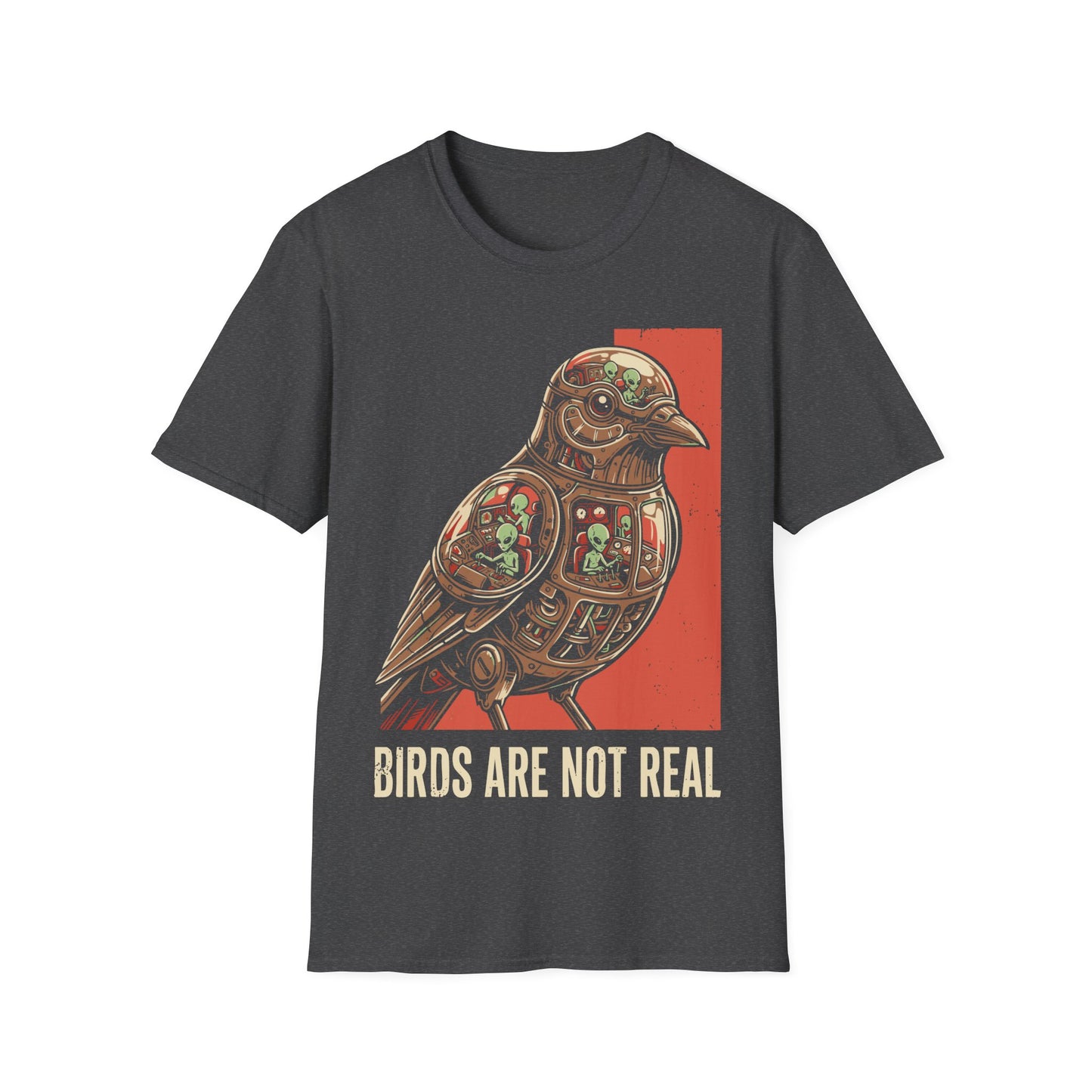 Birds Are Not Real t-shirt design, featuring a mechanical bird packed with tiny green aliens operating control panels inside in a retro sci-fi illustration on a dark grey background