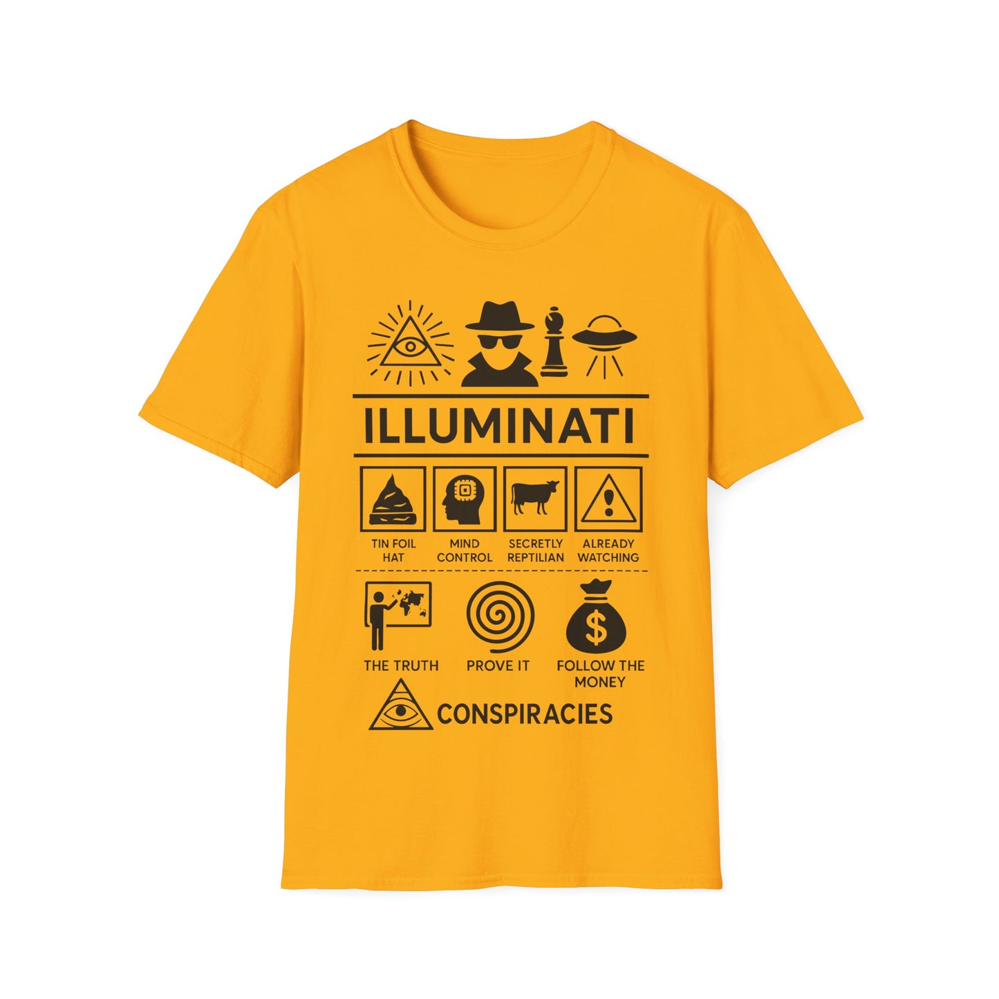Illuminati Icon Based t-shirt design, featuring bold white Illuminati lettering with all-seeing eye, secret figure, UFO, and humorous conspiracy-themed icon panels in a monochrome infographic style on a yellow background