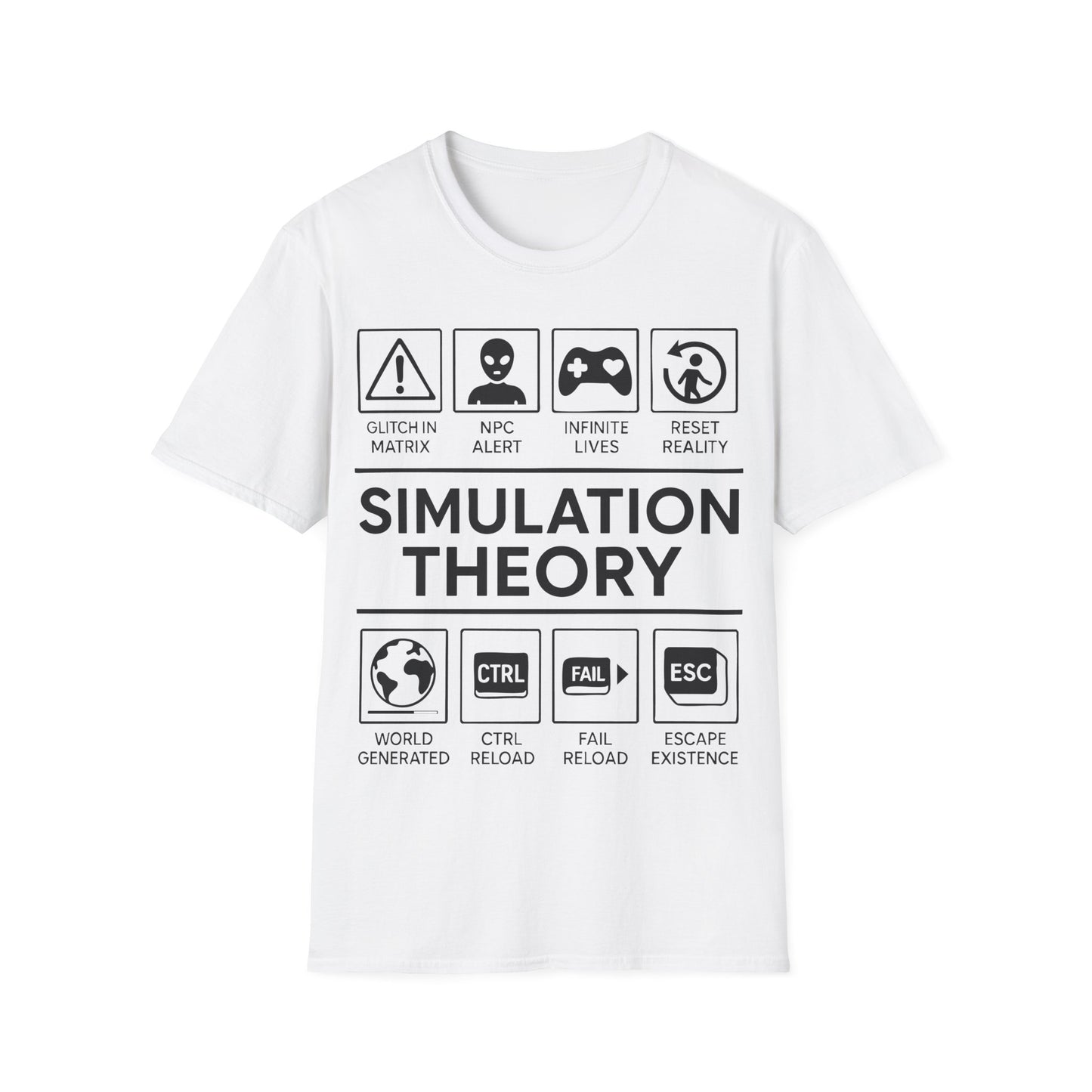 Simulation Theory t-shirt design, featuring bold white Simulation Theory lettering with glitch warning, alien head, game controller, reset icon, and digital reality-themed symbol panels in a monochrome infographic style on a white background
