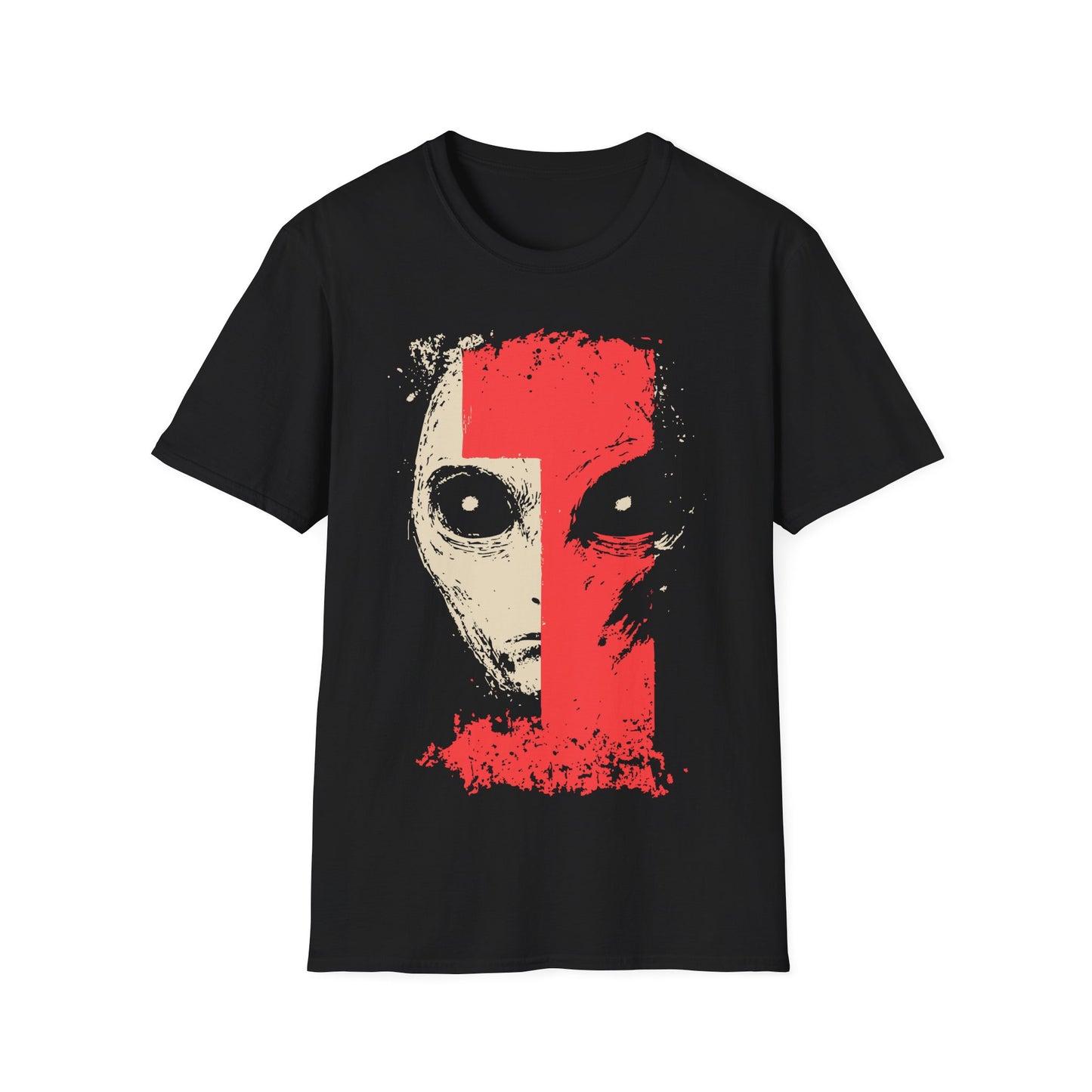 Alien Face t-shirt design, featuring a split face alien portrait in pale beige and distressed red with oversized eyes in a bold minimalist sci-fi illustration on a black background