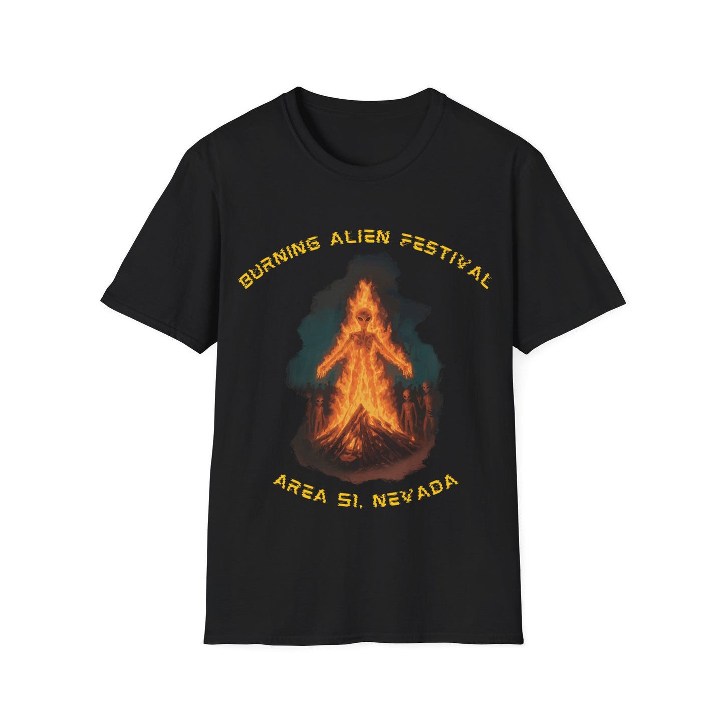 Burning Alien Festival t-shirt design with alien-shaped bonfire surrounded by aliens at Area 51 Nevada on black t-shirt