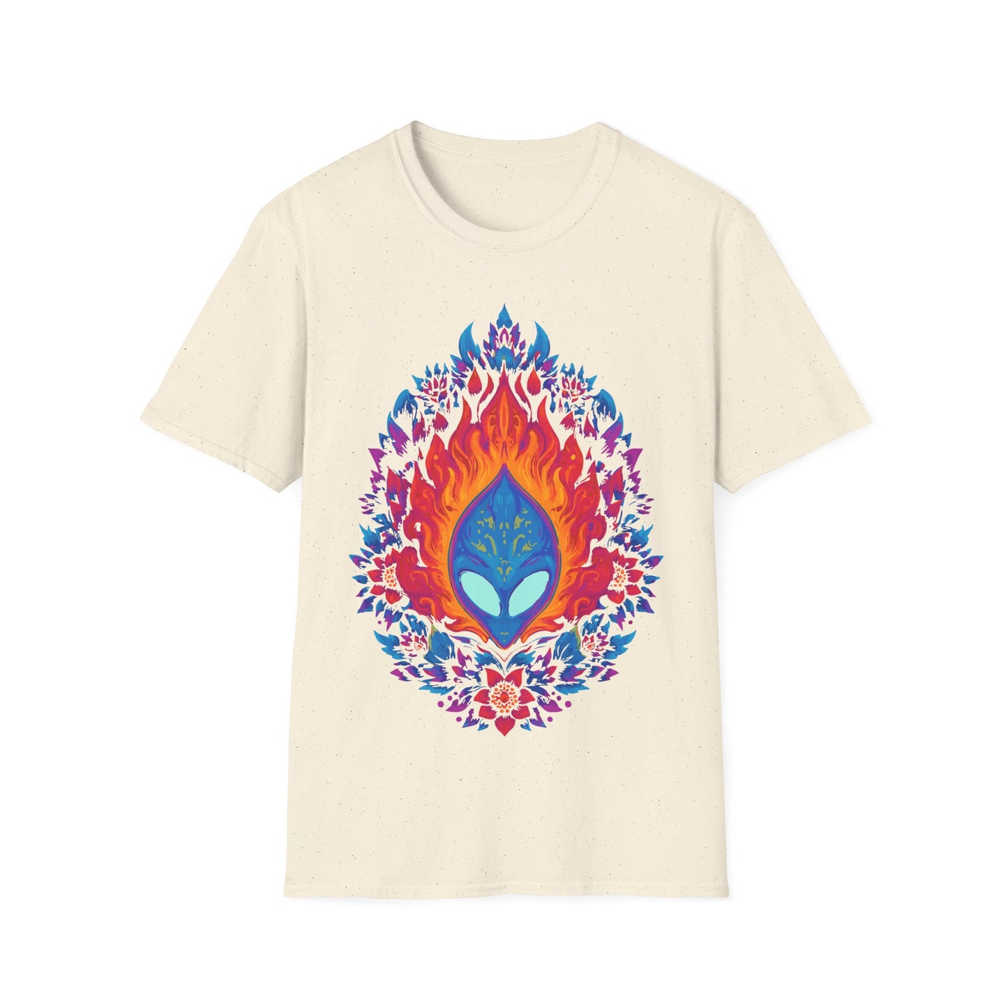 Flaming Alien Mask Floral t-shirt design, featuring a blue alien mask surrounded by vivid orange flames and bright pink, purple, and blue floral elements in a symmetrical psychedelic illustration on a white background