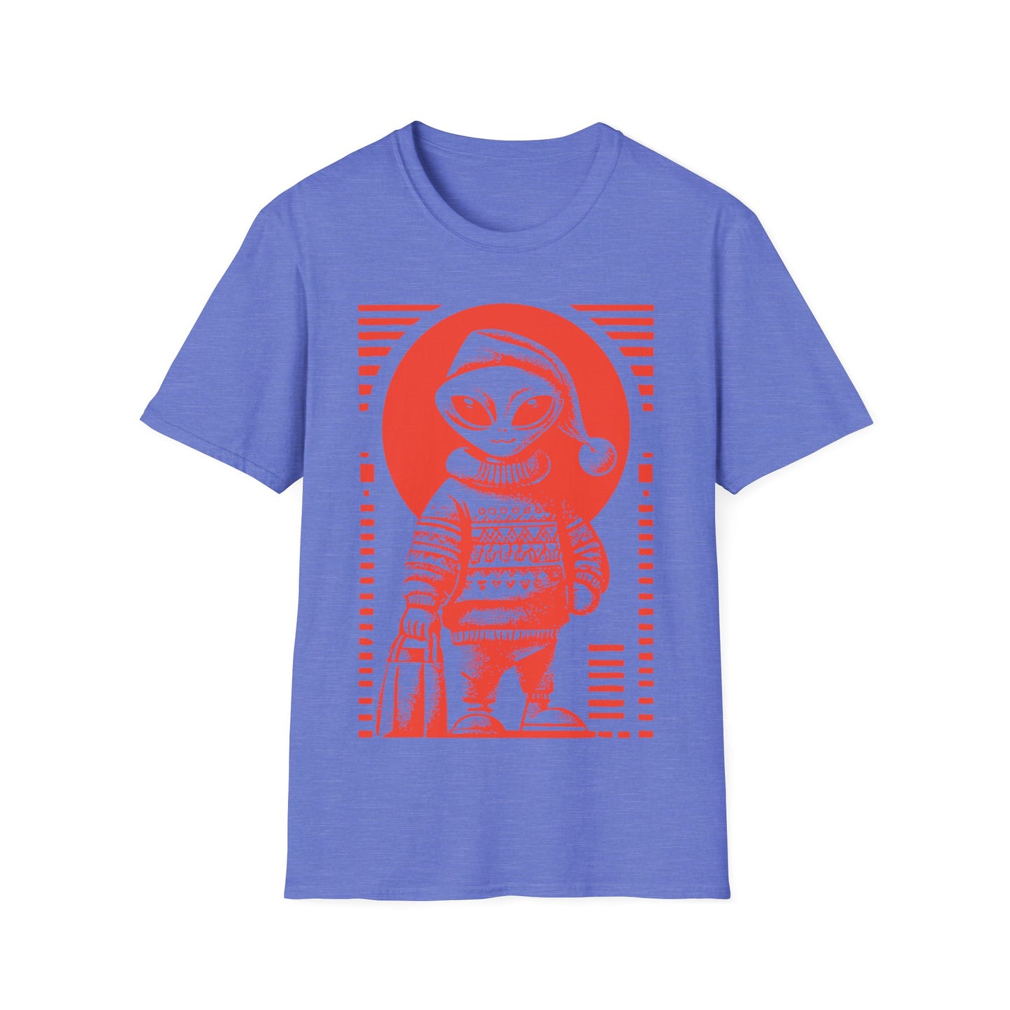 Holiday Shopper Alien t-shirt design, featuring a festive grey alien in Santa hat and patterned winter sweater carrying a shopping bag in bold illustration on a heather navy blue background