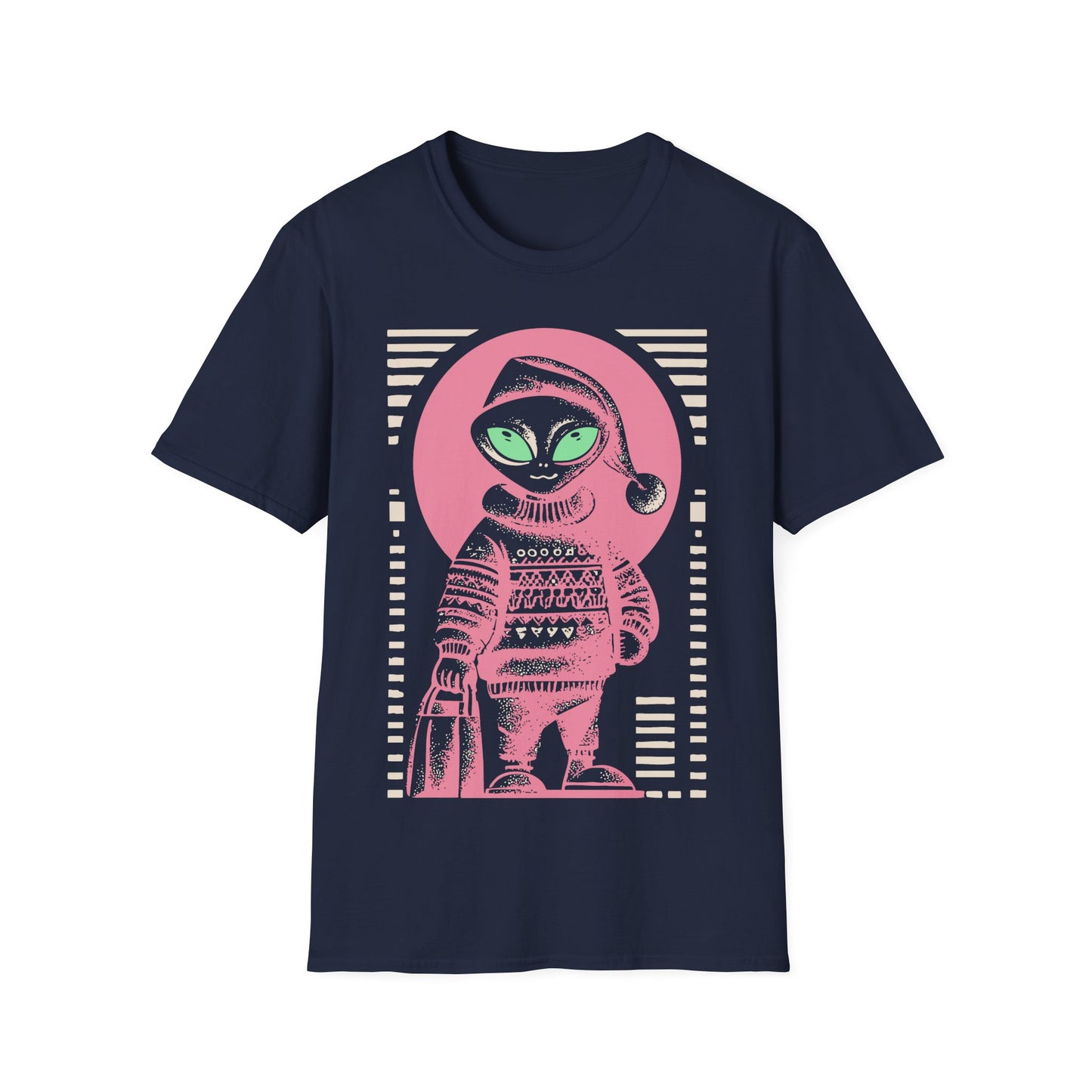 Holiday Shopper Alien t-shirt design, featuring a festive grey alien in Santa hat and patterned winter sweater carrying a shopping bag in bold illustration on a navy blue background