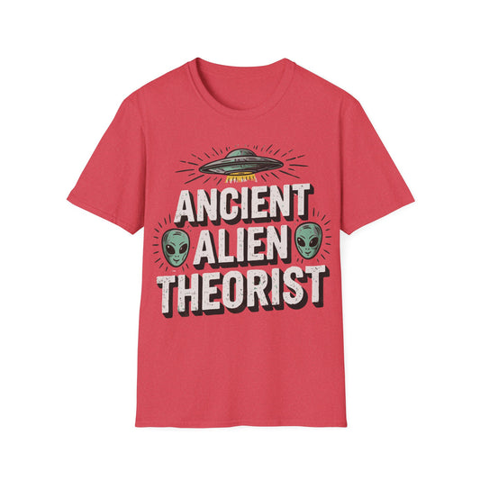 Ancient Alien Theorist t-shirt design, featuring bold distressed white lettering with two green alien heads and a hovering UFO casting a yellow beam on a heather red background