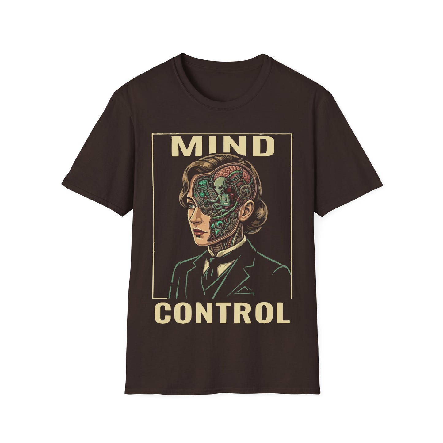 Mind Control t-shirt design, featuring a sharply dressed woman with her head opened to reveal a tiny grey alien operating a control console inside in a retro sci-fi illustration on a dark chocolate brown background