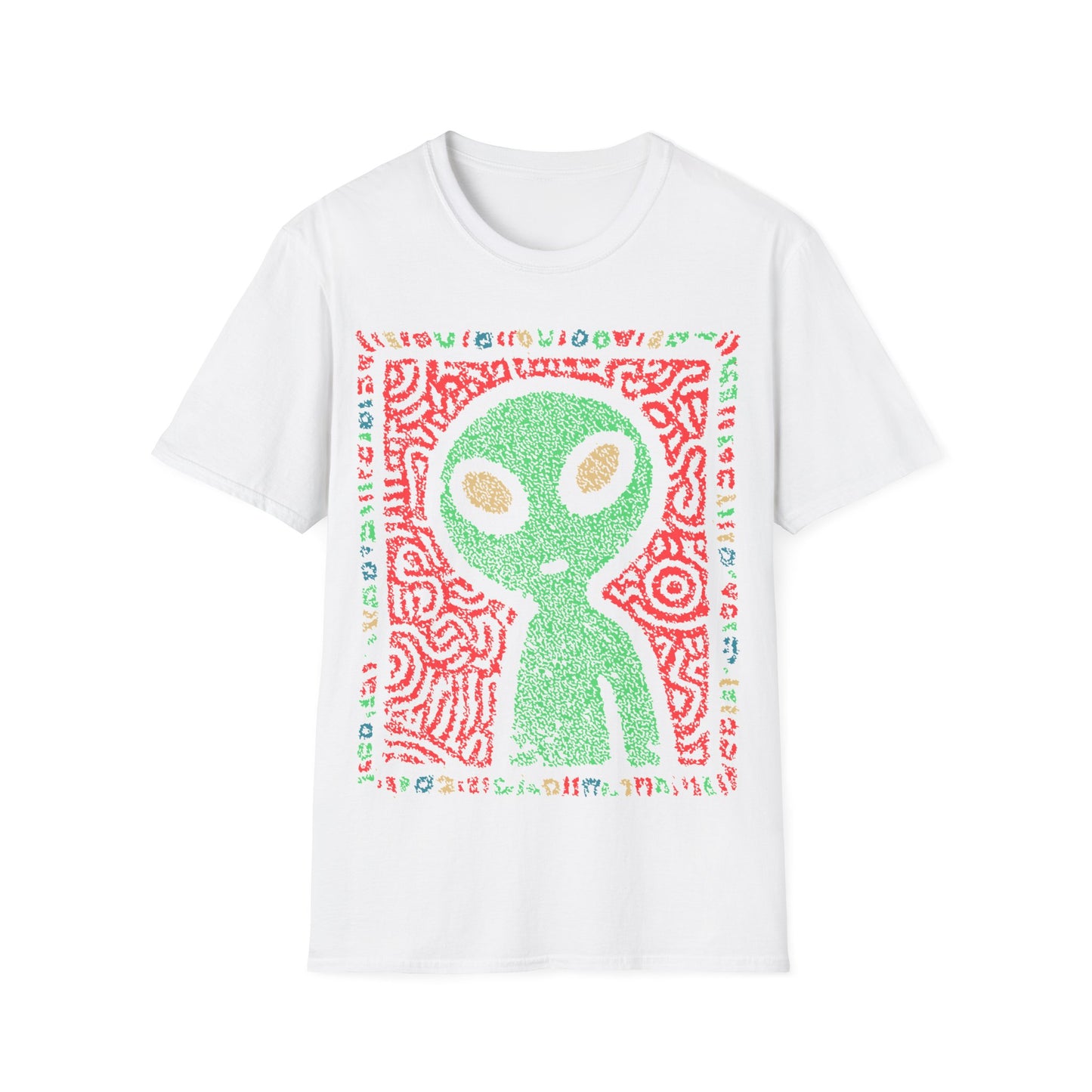 Cute alien folk art design with green alien figure on red tribal patterned background and colorful glyph border on white t-shirt