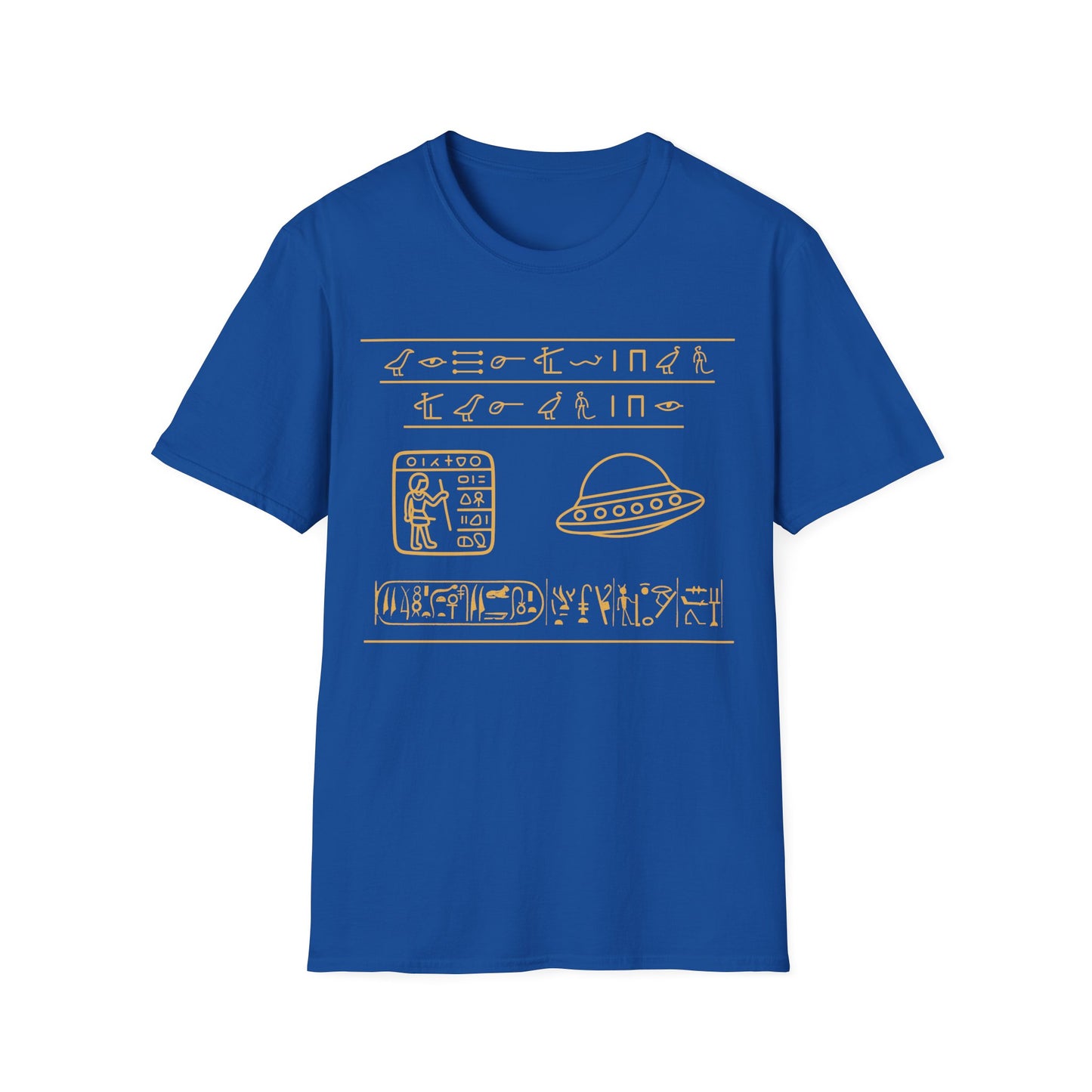 Gold Egyptian hieroglyph-style UFO t-shirt design, featuring a flying saucer and ancient symbol rows with a scribe panel on a royal blue background
