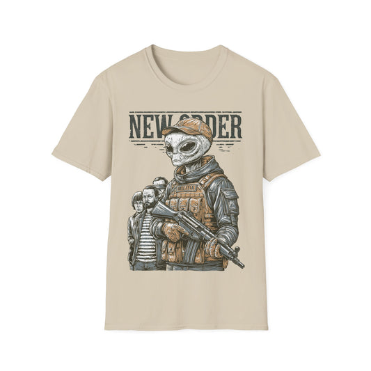 New Order Retro t-shirt design, featuring a grey alien soldier in tactical gear holding a rifle with three human figures behind and bold distressed lettering in muted tan, grey, and olive tones on a sand yellow background
