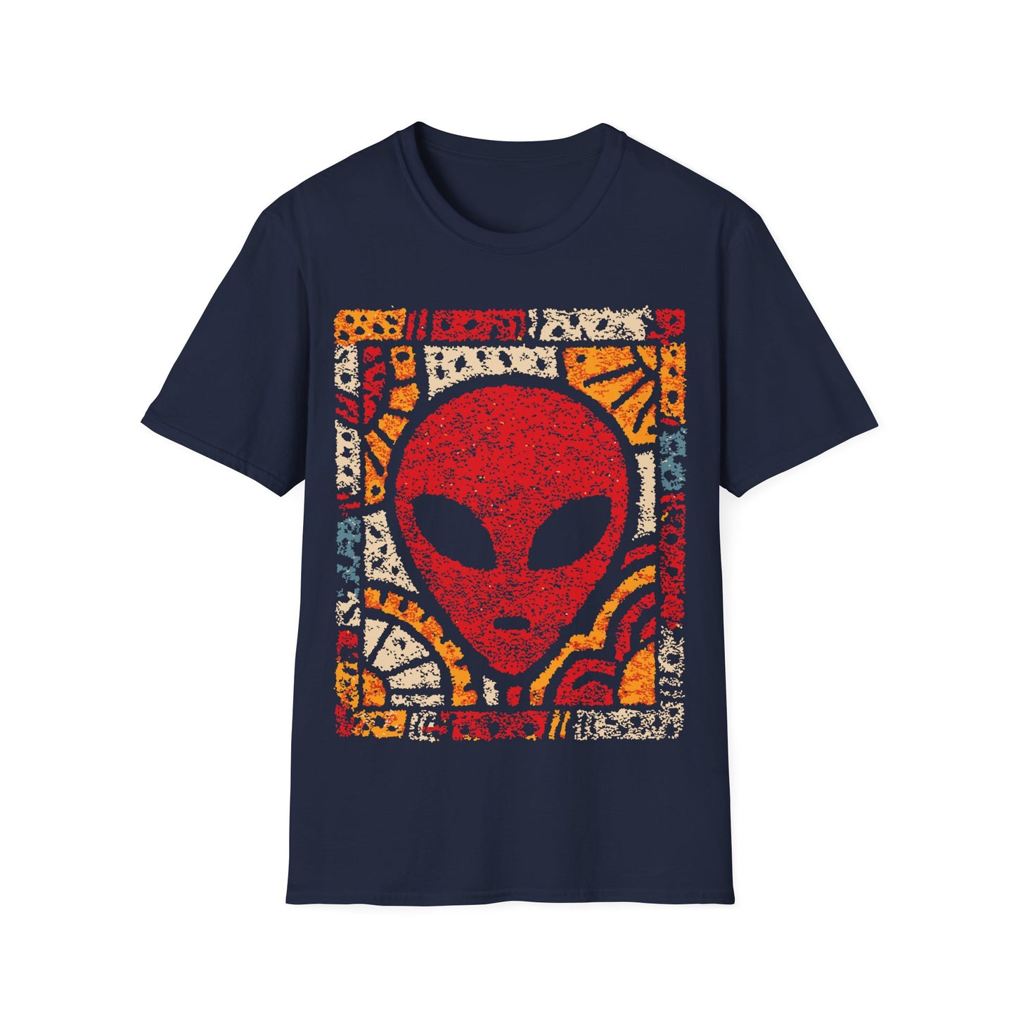 Art deco alien design with red alien face and bold geometric sunburst mosaic patterns in yellow, orange and cream on navy blue t-shirt