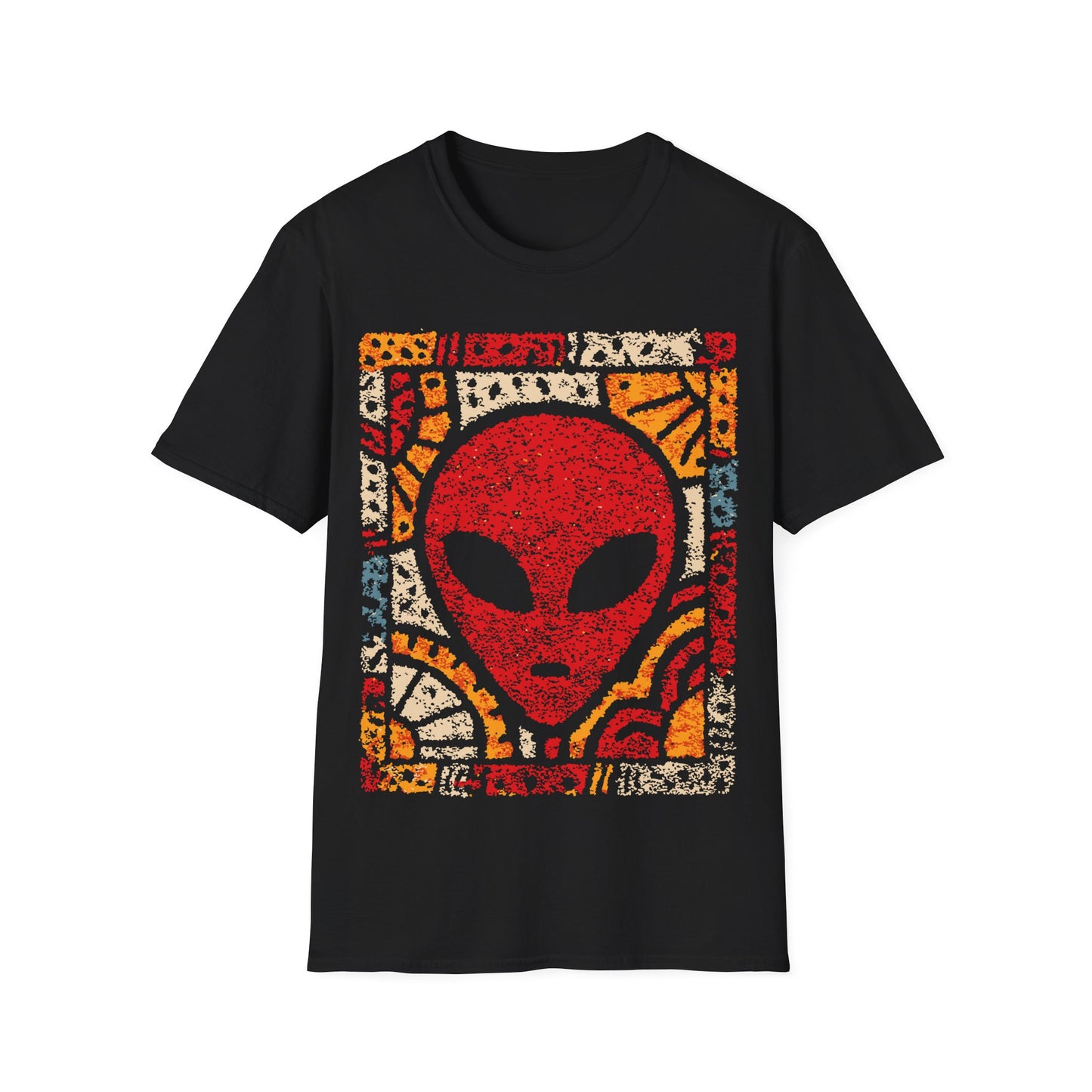 Art deco alien design with red alien face and bold geometric sunburst mosaic patterns in yellow, orange and cream on black t-shirt