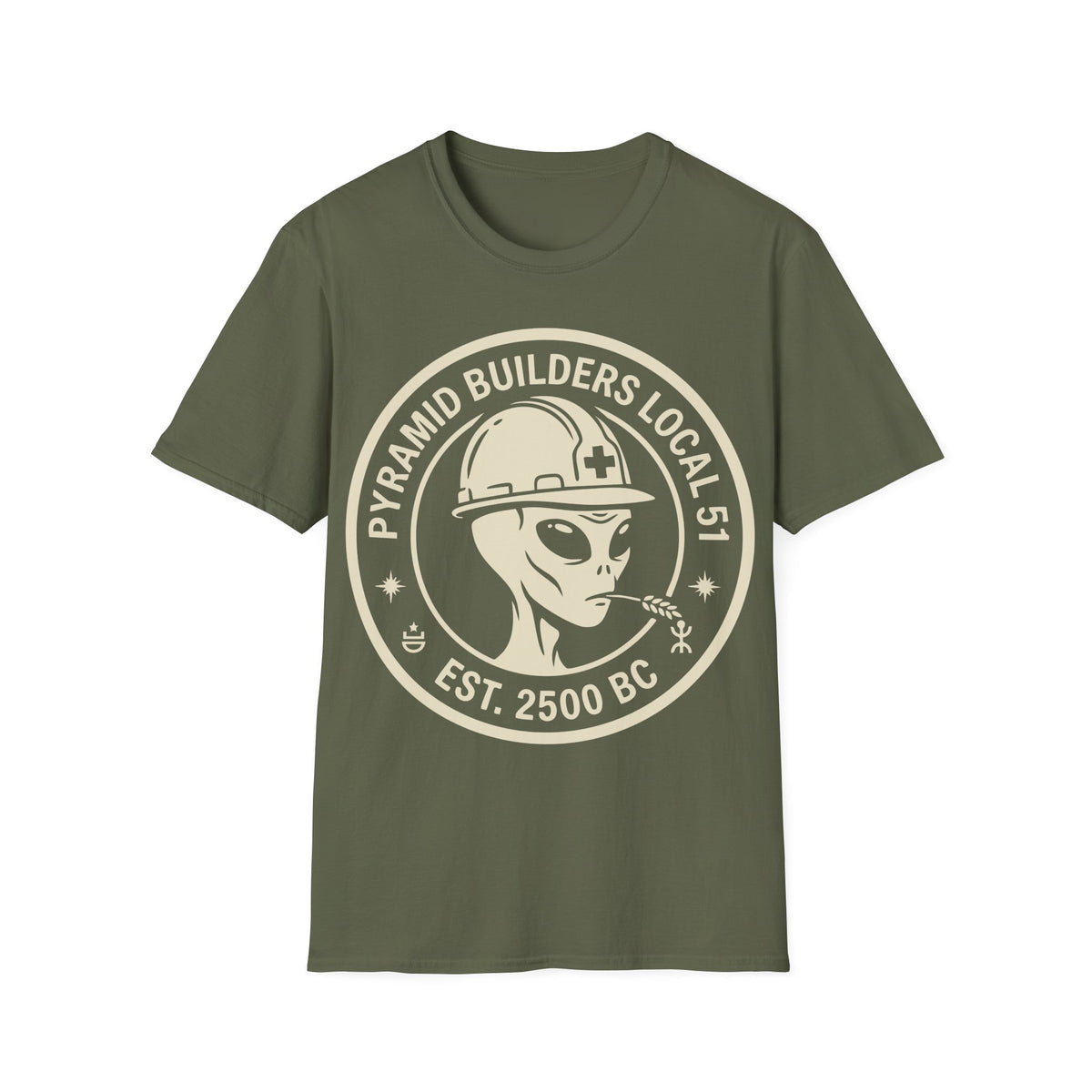 Pyramid Builders Badge t-shirt design, featuring a grey alien construction worker wearing a hard hat and chewing a wheat stalk, framed by bold circular “Pyramid Builders Local 51” and “Est. 2500 BC” lettering on a military green background