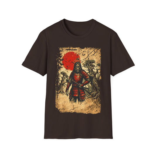 Sasquatch Samurai t-shirt design, featuring a fierce Bigfoot warrior in red samurai armor holding a katana in a haunted forest scene with a distressed parchment style background and red sun on a dark chocolate background
