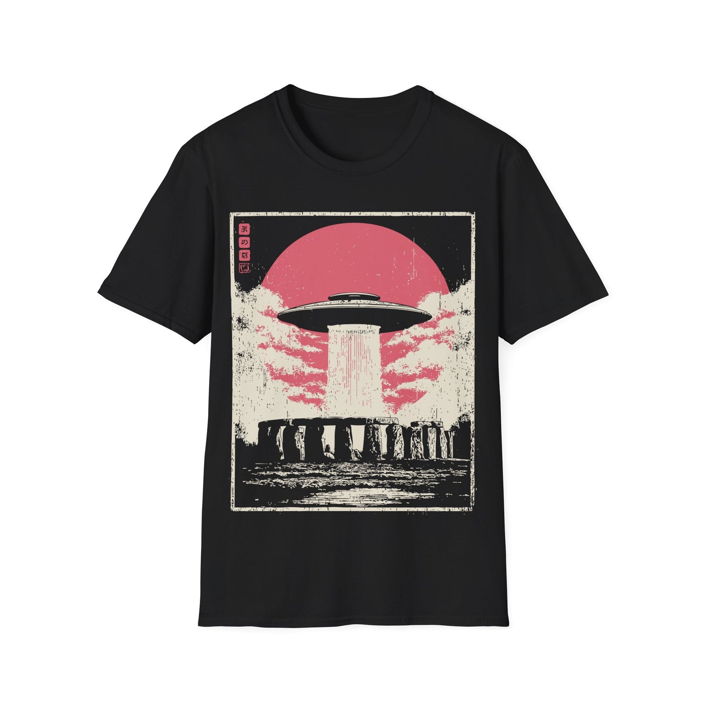 Stonehenge Signal t-shirt design, featuring a classic flying saucer casting a vertical beam over Stonehenge in a distressed retro sci-fi illustration with a muted pink sun on black background