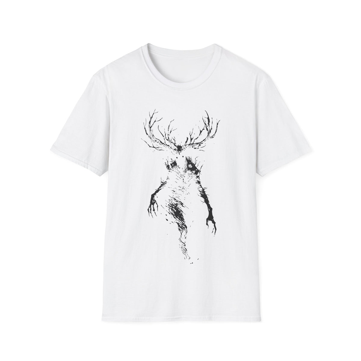 Wendigo Scary t-shirt design, featuring a towering antlered Wendigo with glowing eyes, skeletal limbs, and a shadowy distorted body in a stark distressed black silhouette on a white background