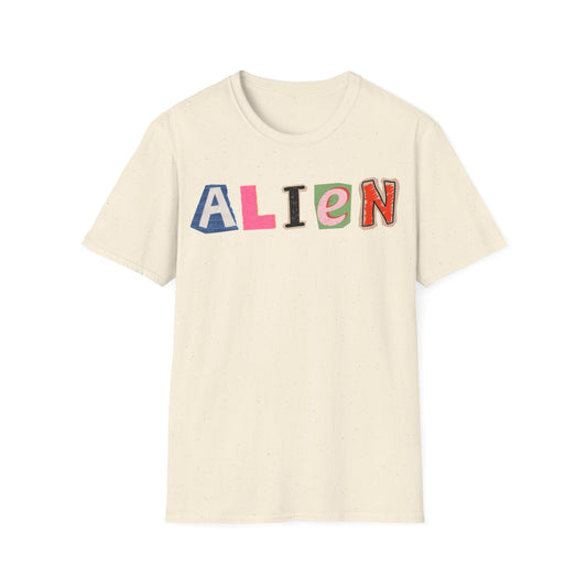 Alien Letter Cuts t-shirt design, featuring the word “ALIEN” assembled from mismatched colorful cutout letters in a playful ransom-note collage style on a white background