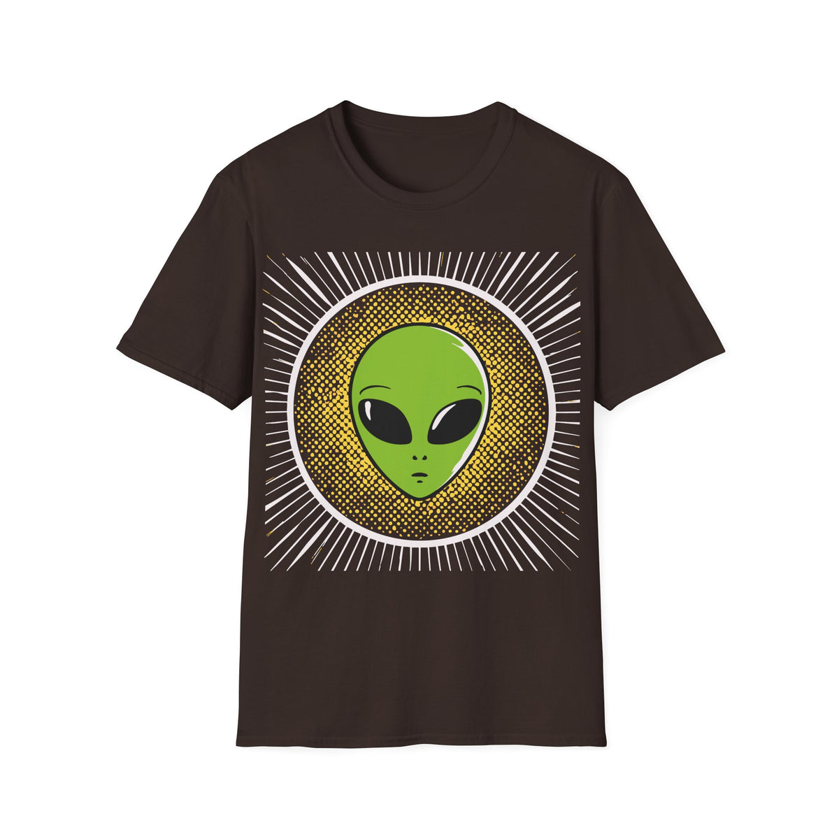 Retro Alien t-shirt design, featuring a bright green alien head with oversized black eyes surrounded by yellow halftone dots and radiating white lines in a bold vintage pop art style on a dark chocolate brown background