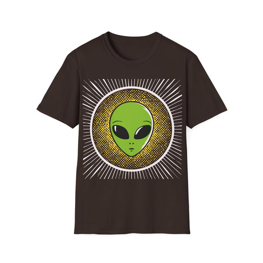 Retro Alien t-shirt design, featuring a bright green alien head with oversized black eyes surrounded by yellow halftone dots and radiating white lines in a bold vintage pop art style on a dark chocolate brown background