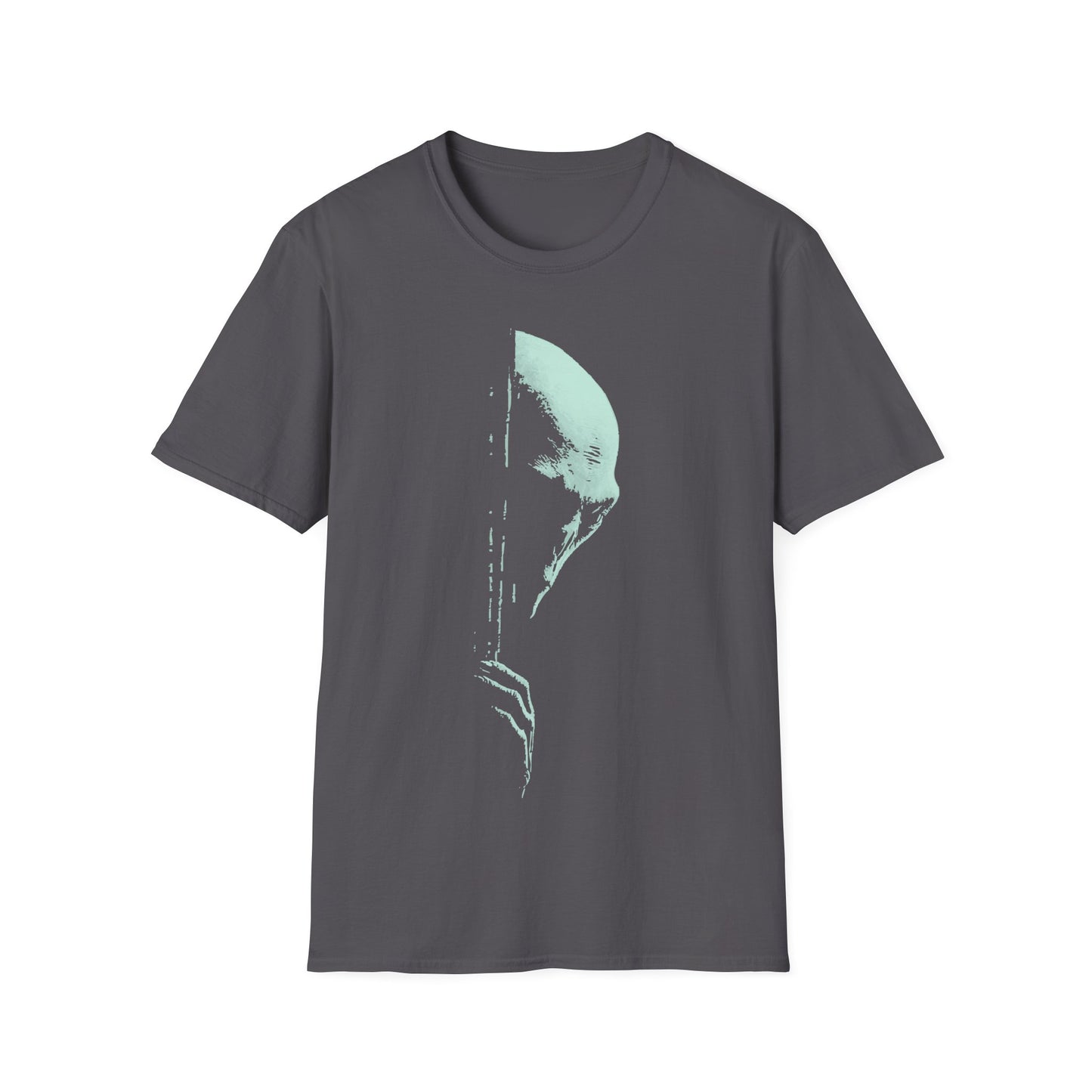 Creepy mint-green alien face silhouette with glitch/distressed texture on charcoal grey background, minimalist sci-fi UFO conspiracy t-shirt design