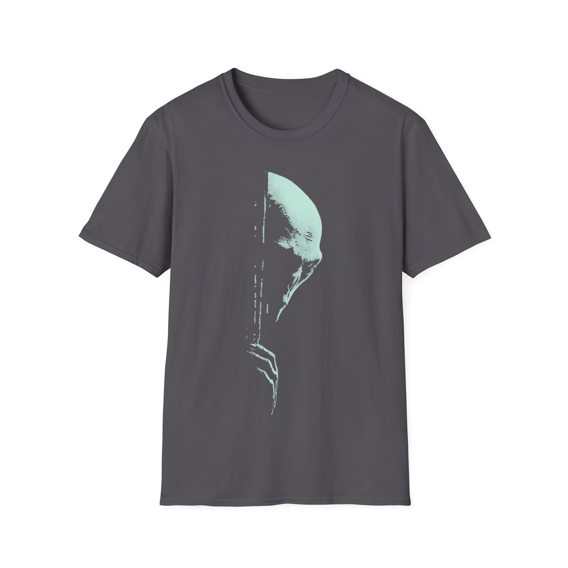 Creepy mint-green alien face silhouette with glitch/distressed texture on charcoal grey background, minimalist sci-fi UFO conspiracy t-shirt design