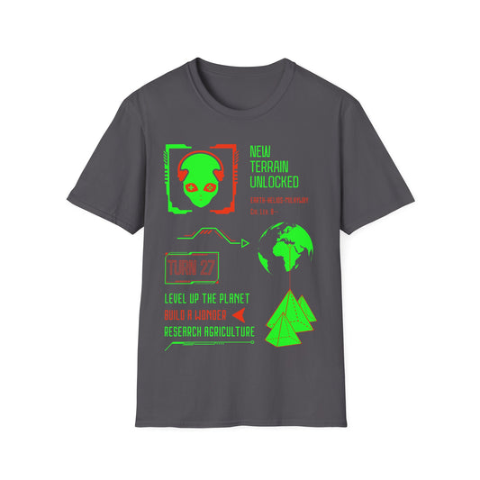 Alien Gamer t-shirt design, featuring a neon green alien wearing headphones with game controller symbols, futuristic gaming interface text, Earth, and pyramids in a bright green and orange infographic style on a charcoal grey background