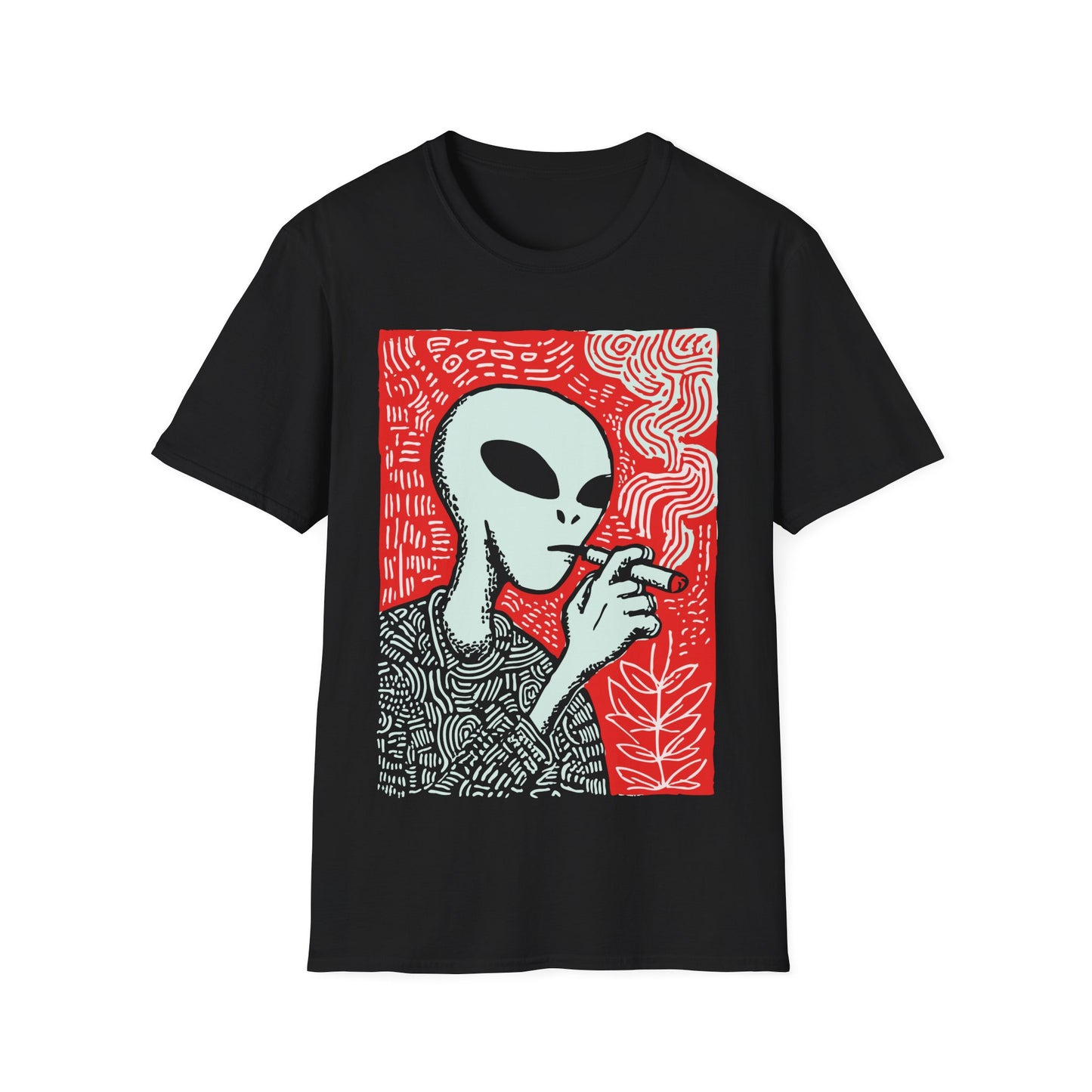 Alien smoking 420 design with cool grey alien holding a lit joint on black t-shirt