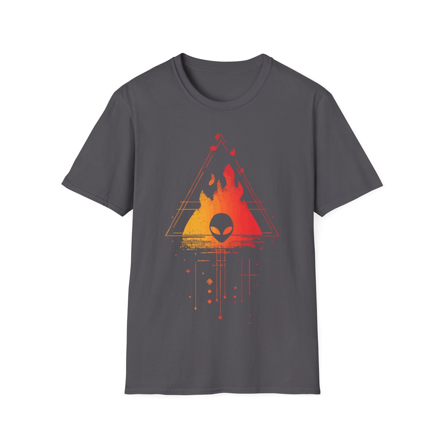 Alien Burning Triangle t-shirt design, featuring an alien head set against fiery yellow-to-red flames inside a geometric triangle with retro sci-fi linework on a charcoal background