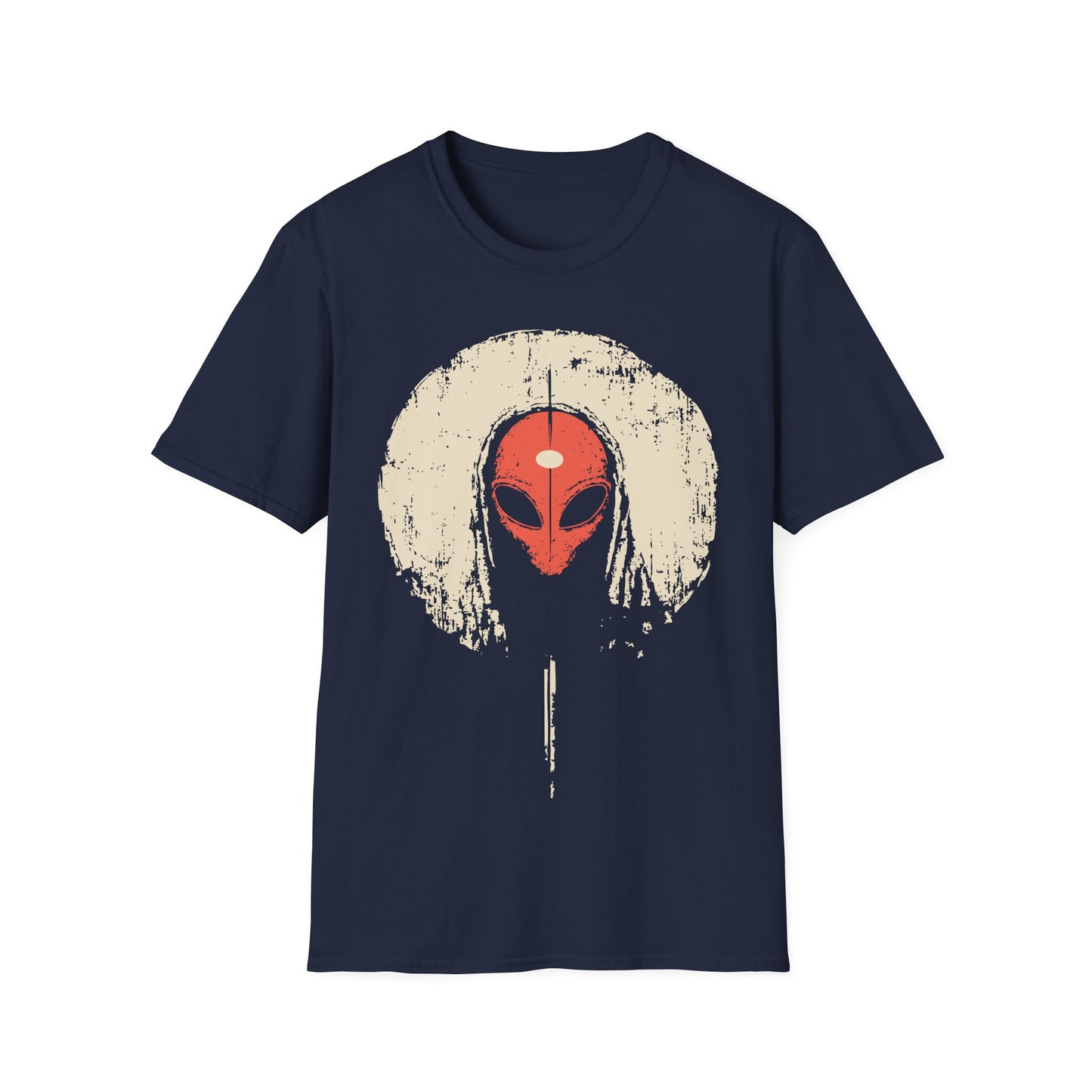 Alien Third Eye Moon t-shirt design, featuring a red alien face with a centered third eye mark framed by a distressed cream moon in a minimalist occult inspired illustration on a navy blue background