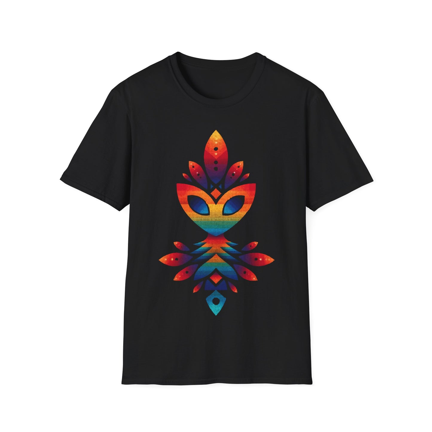Rainbow Alien Totem t-shirt design, featuring a stylized rainbow-gradient alien face merged with symmetrical totemic leaf and geometric shapes in a vibrant psychedelic illustration on a black background