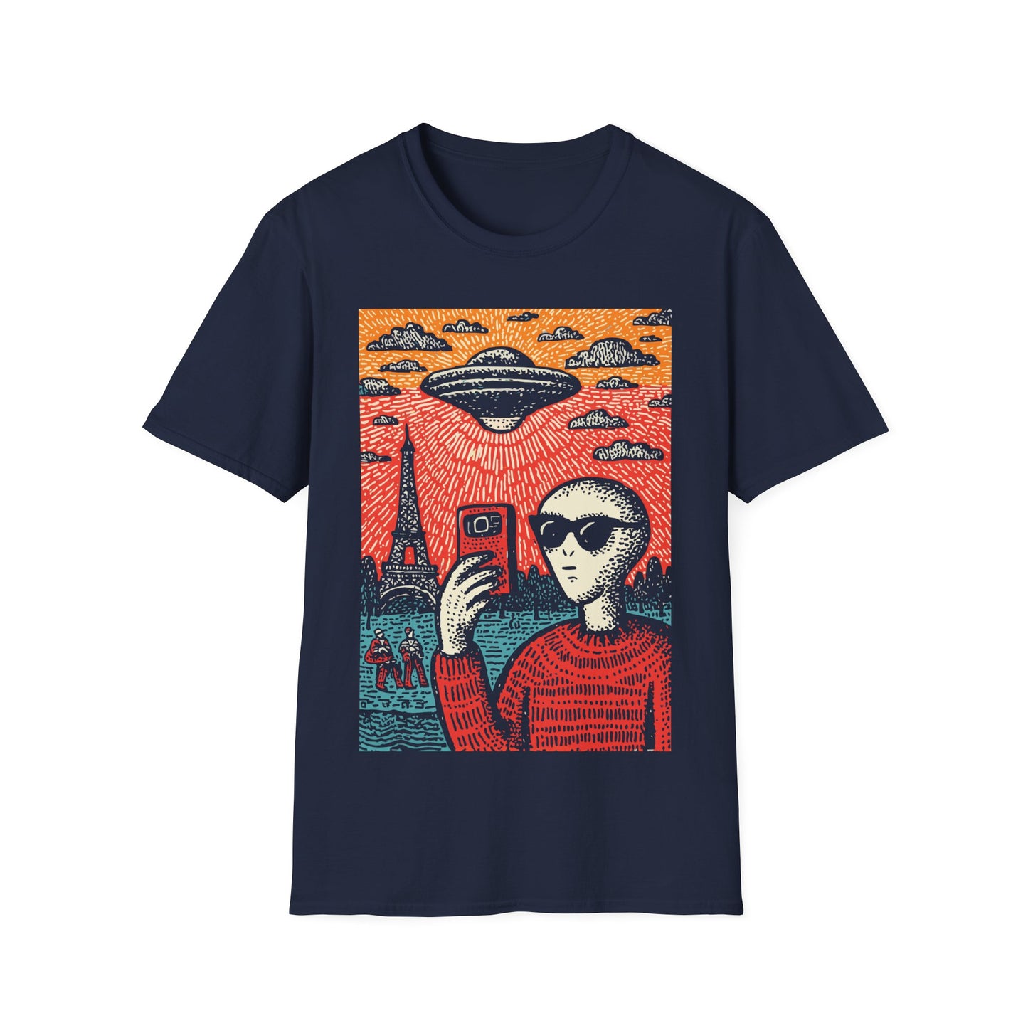 Alien Invasion Selfie Linocut t-shirt design, featuring a sunglasses wearing alien taking a selfie beneath a hovering UFO near the Eiffel Tower in a bold red, blue, and cream linocut style illustration on a navy blue background