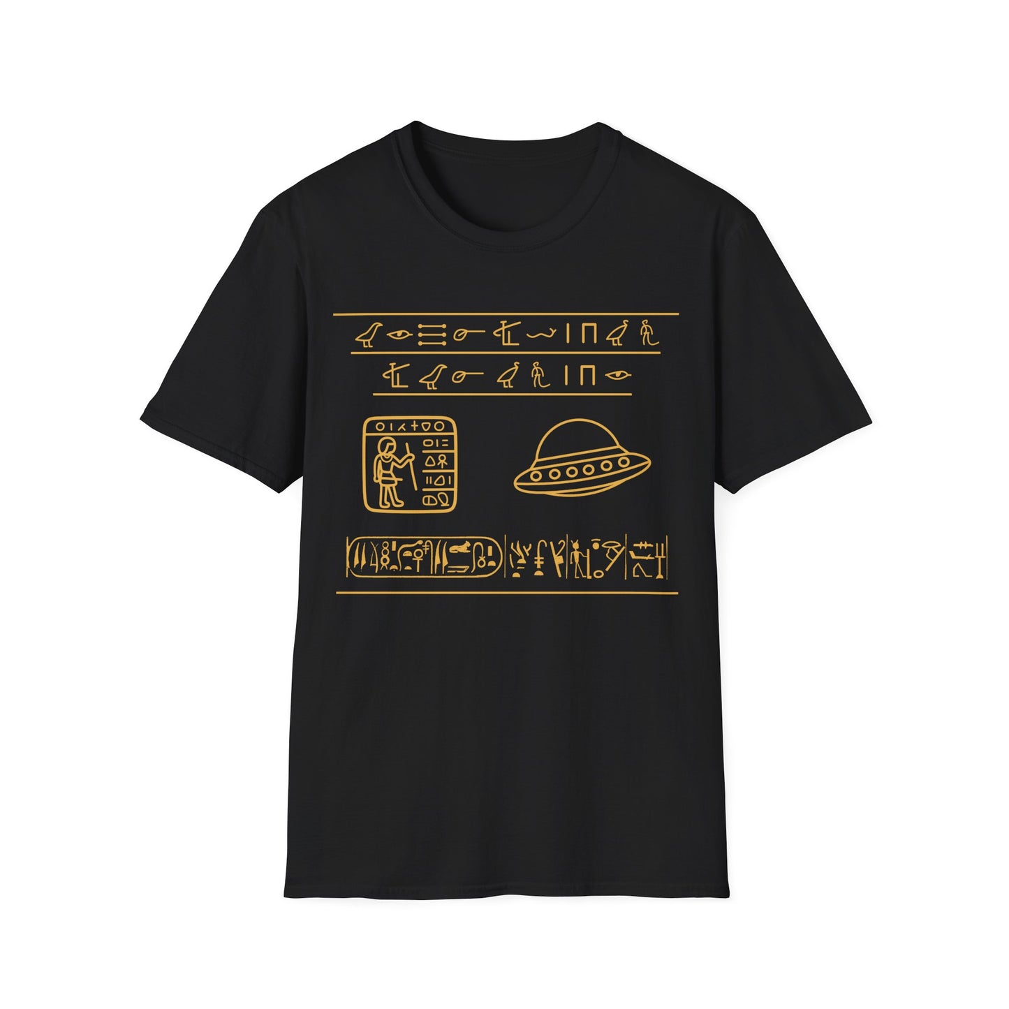 Gold Egyptian hieroglyph-style UFO t-shirt design, featuring a flying saucer and ancient symbol rows with a scribe panel on a black background