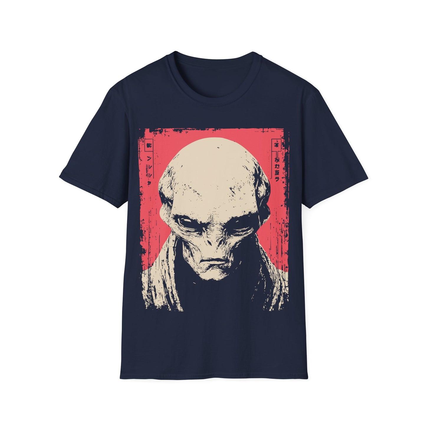 Alien Portrait Woodblock t-shirt design, featuring a detailed pale alien face in a distressed woodblock style illustration with Japanese inspired border elements on a navy blue background