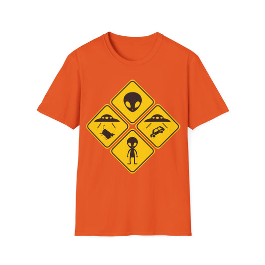 Alien Ahead Road Signs t-shirt design, featuring four yellow warning signs with an alien head, standing alien, UFO cow abduction, and UFO lifting a car in a minimalist road sign illustration on an orange background