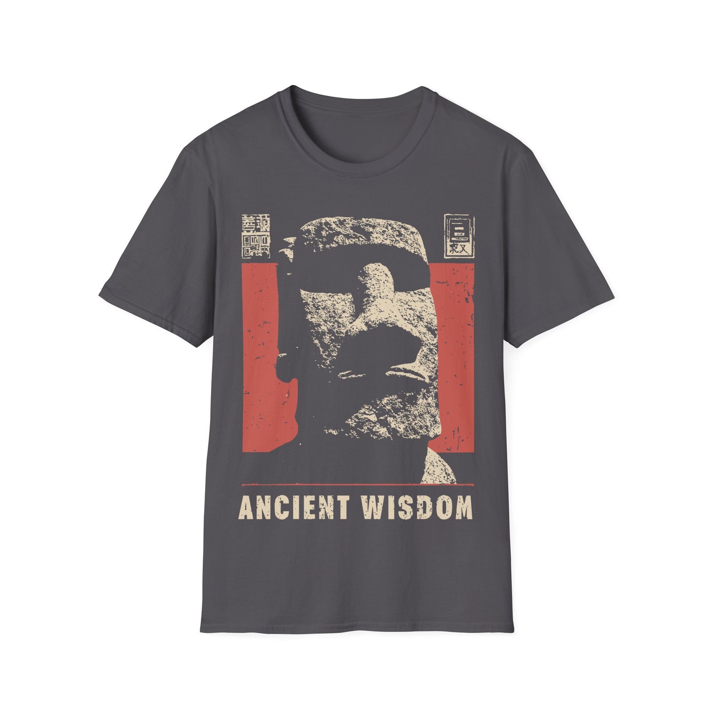 Ancient Wisdom t-shirt design, featuring a weathered Moai stone head in a distressed vintage poster style with Japanese inspired text elements with a 'Ancient Wisdom' text on a charcoal grey background
