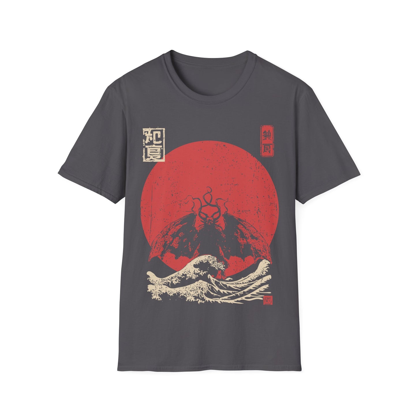 Mothman Red Sun t-shirt design, featuring a shadowy winged Mothman with glowing eyes rising above crashing waves against a distressed red sun in a vintage Japanese inspired illustration on a charcoal grey background