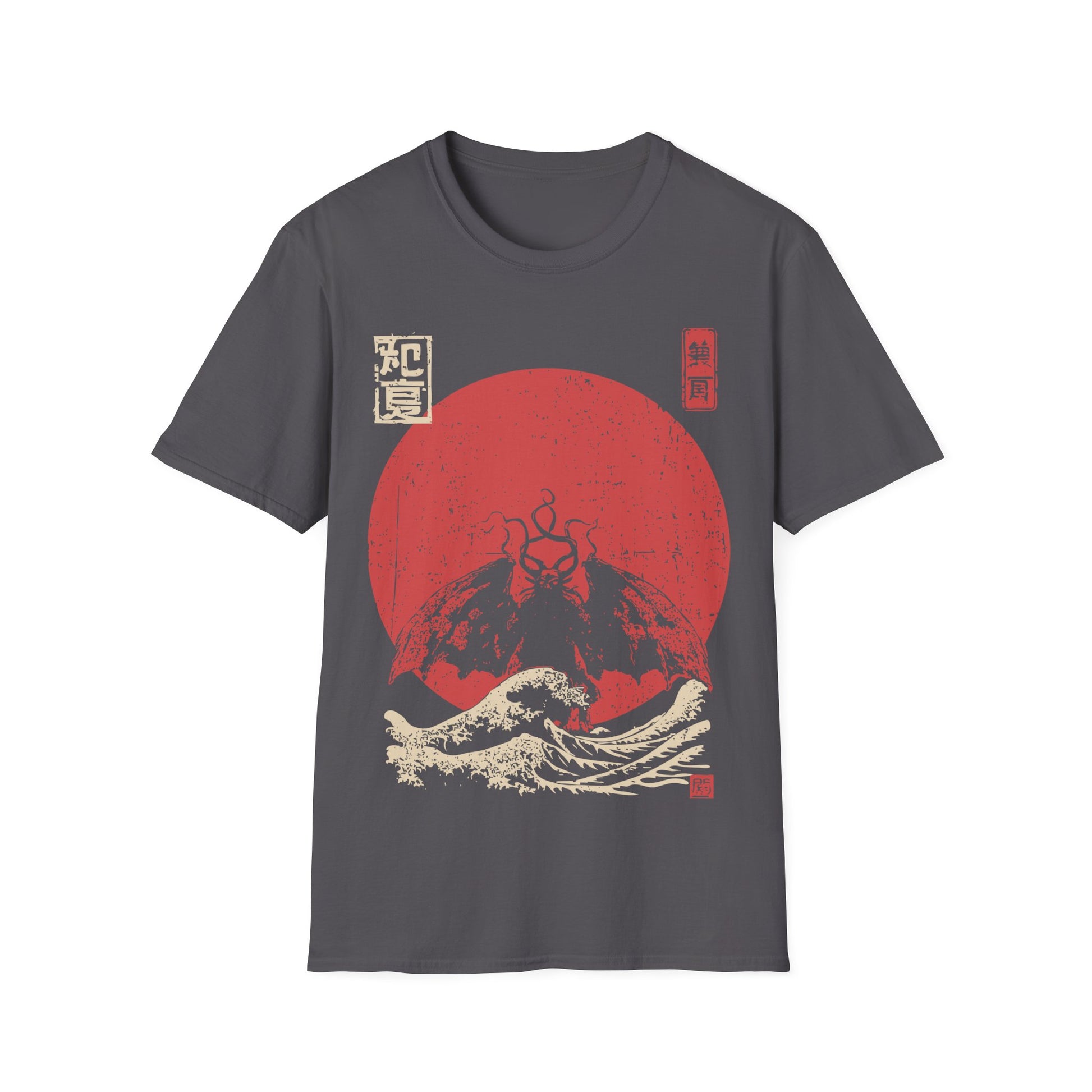 Mothman Red Sun t-shirt design, featuring a shadowy winged Mothman with glowing eyes rising above crashing waves against a distressed red sun in a vintage Japanese inspired illustration on a charcoal grey background