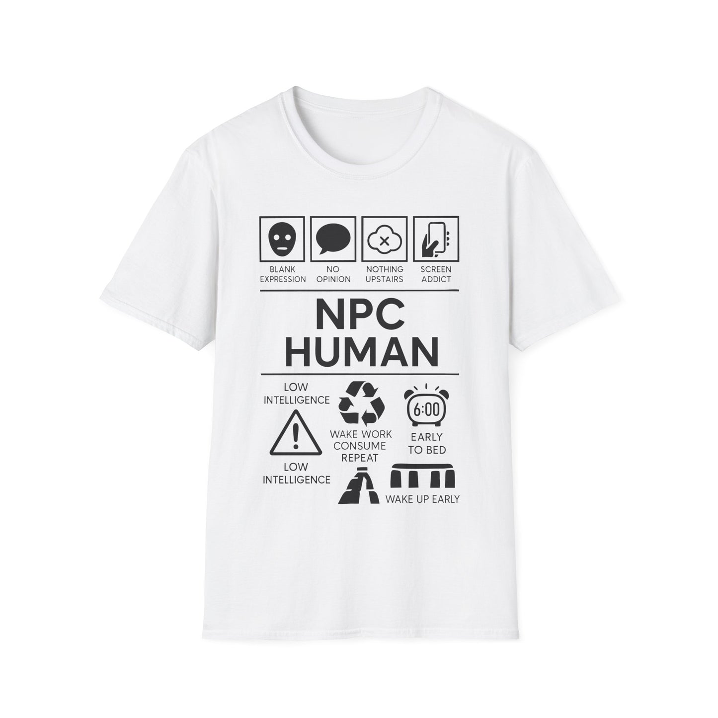 NPC Human Icon Based t-shirt design, featuring bold white NPC Human lettering with blank face, speech bubble, phone, warning symbol, alarm clock, and satirical human-behavior icon panels in a monochrome infographic style on a white background
